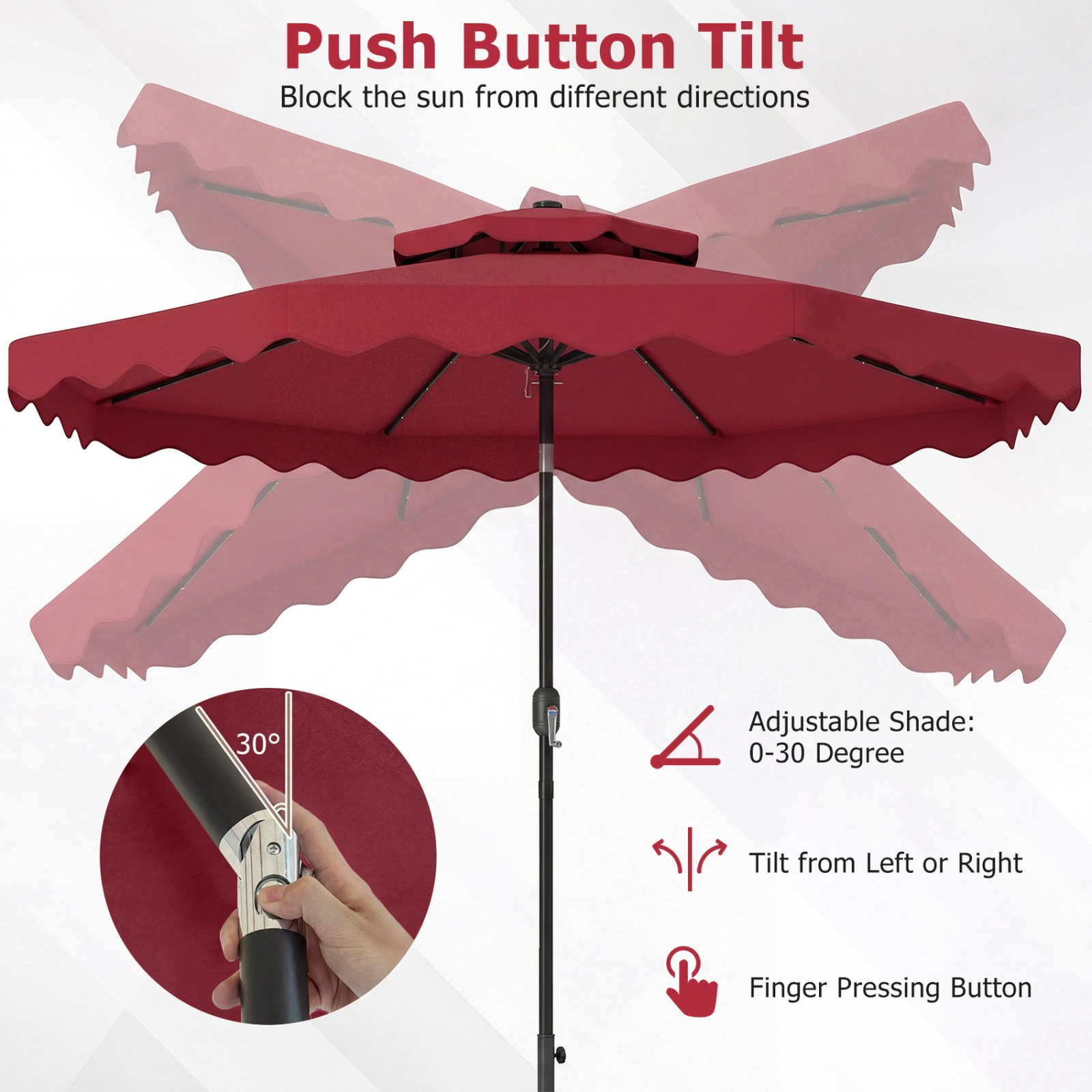 SUGIFT 9-ft Red Solar LED Market Patio Umbrella, 24 Lights, Push-Button Tilt, Crank Lift