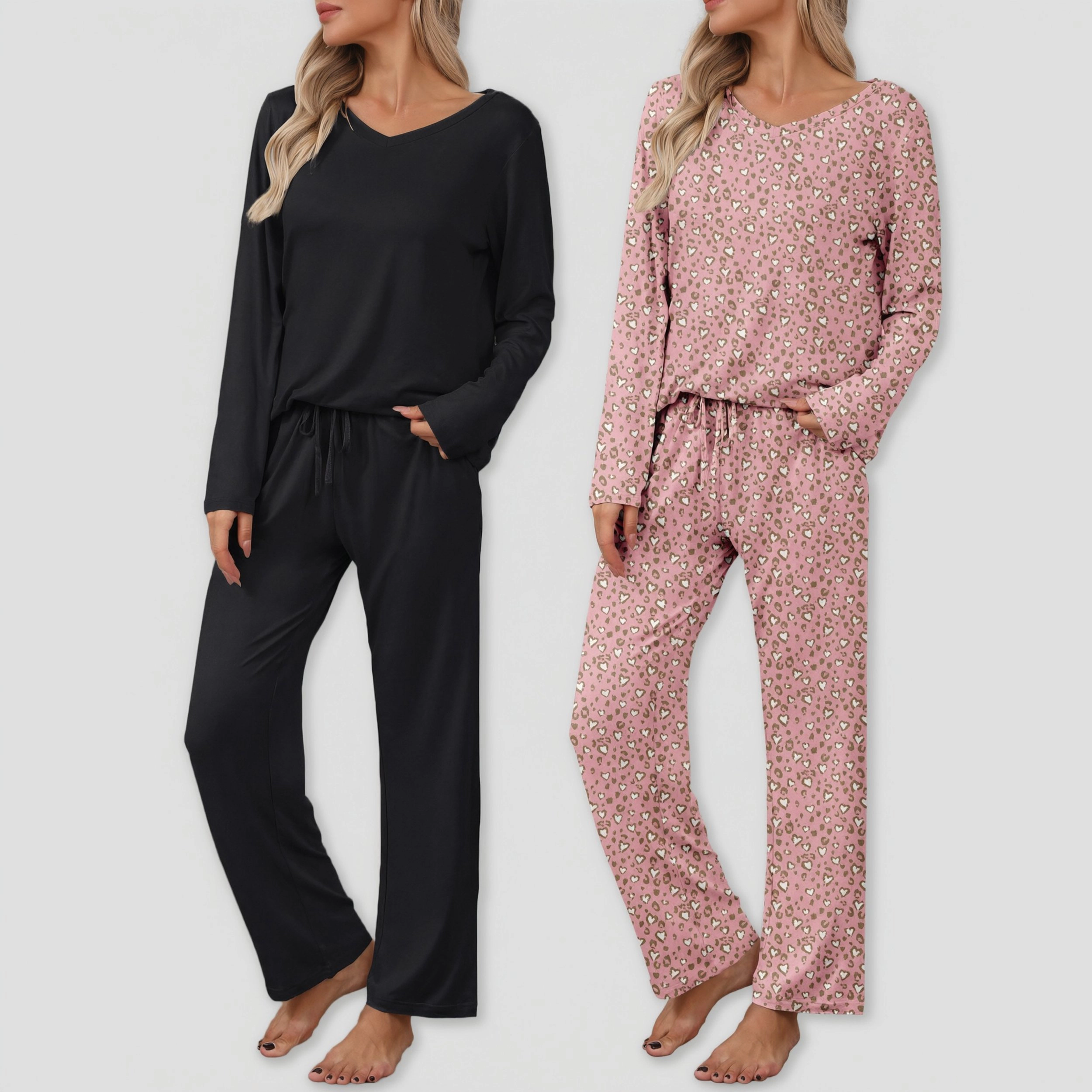Ekouaer Women's V Neck Long Sleeve 2 Piece Pajama Lounge Set
