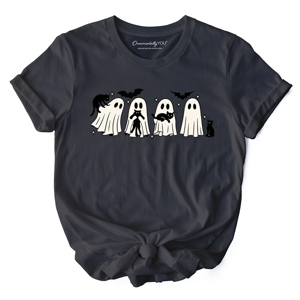 Ghosts and Cats Spooky T-Shirt, Whimsical Halloween Tee for Cozy Autumn Season
