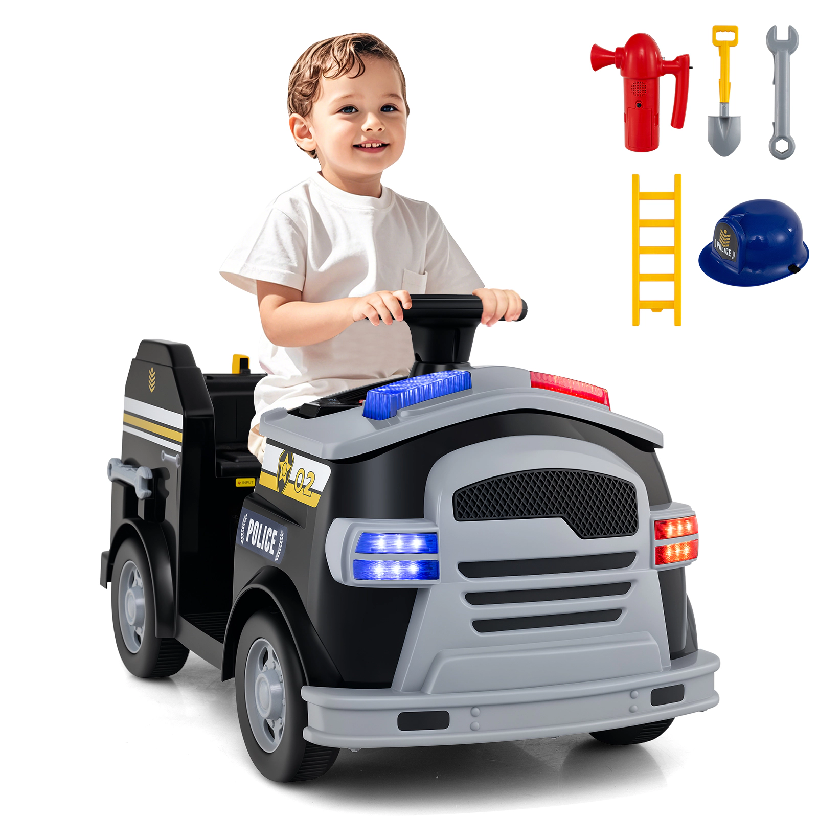 LJG 12V Toddler Fire Toy Car with Shovel and Wrench for Ages 37-95 Months
