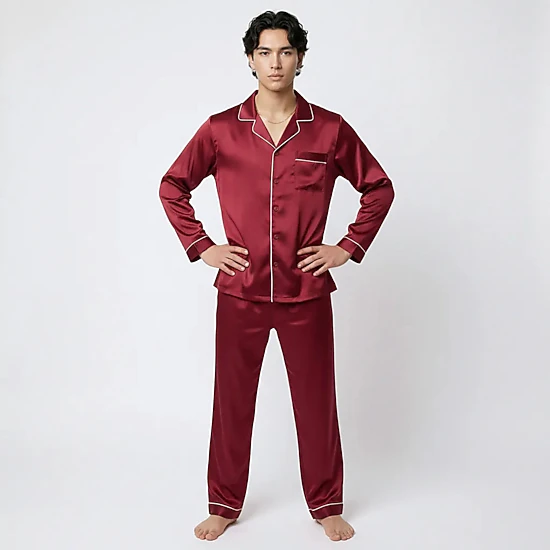 Anna-Kaci Men's 2-Piece Satin Pajamas with Contrast Piping and Button Up Top