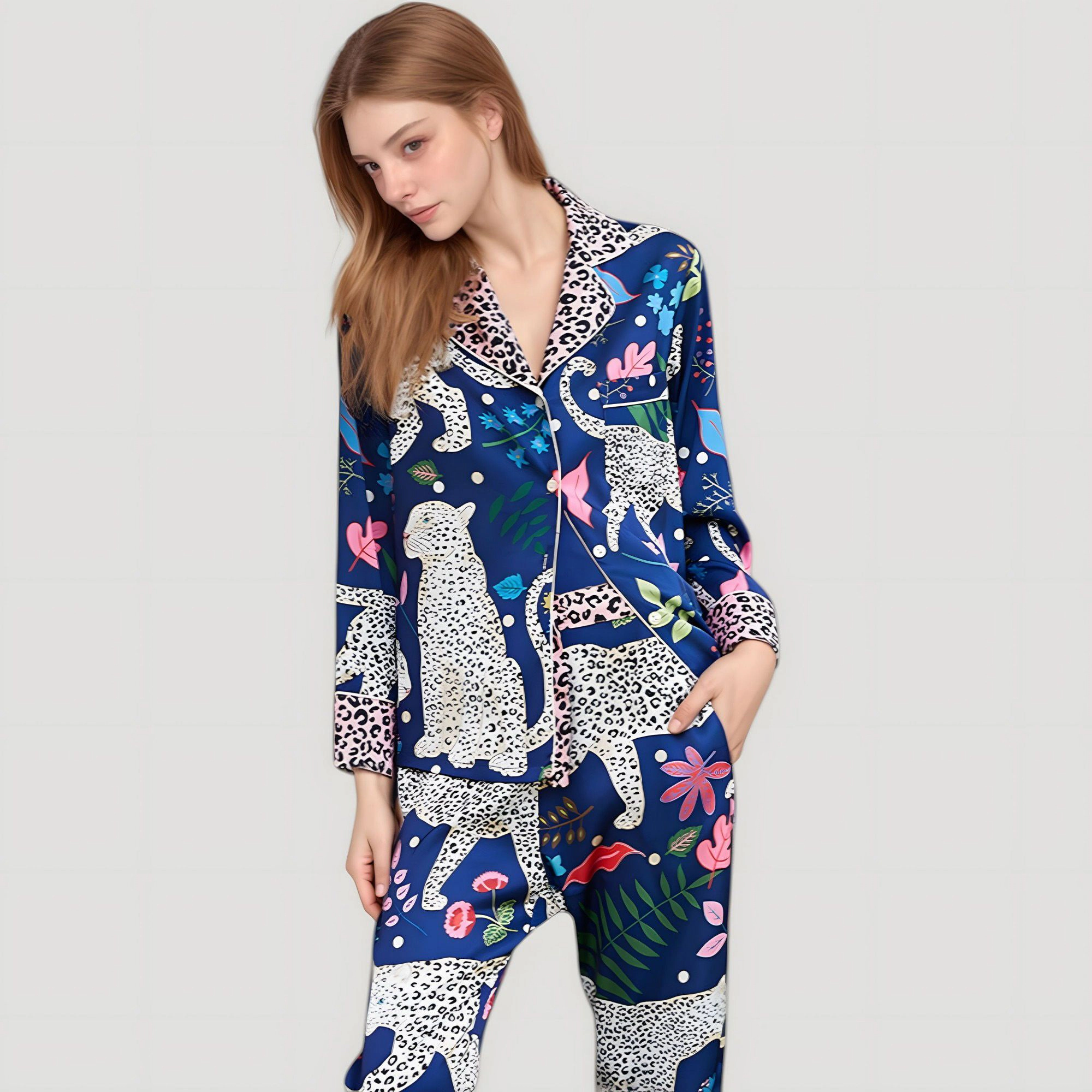 Anna-Kaci Women's Satin Leopard and Botanical Print Pajama Set with Button Up Long Sleeve Shirt Relaxed Fit Pants