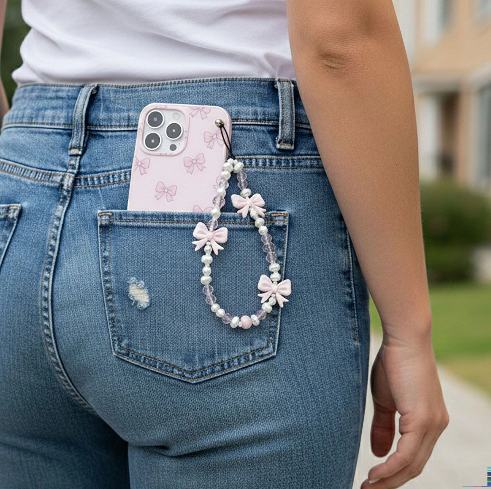 Alilang Women's 3-PC Beaded Bow Phone Charm Strap with Pearl-Style Beads and Decorative Accents