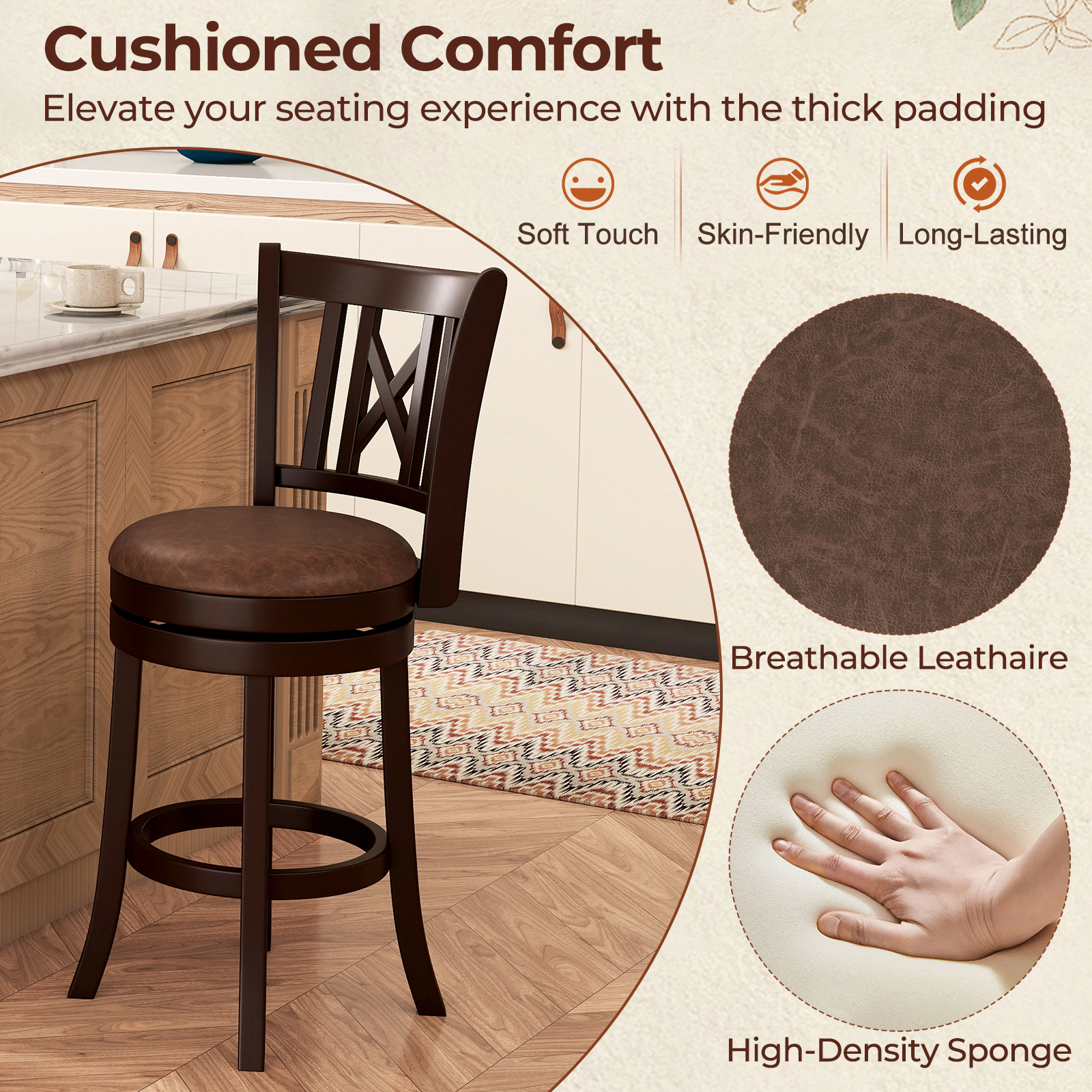 SUGIFT Set of 2 26-Inch Counter-Height Swivel Stools, Rubber Wood, Hollow Backrest