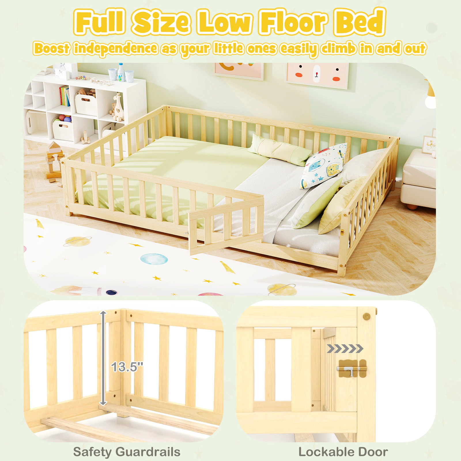 SUGIFT Natural Full-Length Guardrails Safety Door and Latch 330-lb Full Kids Montessori Bed Frame