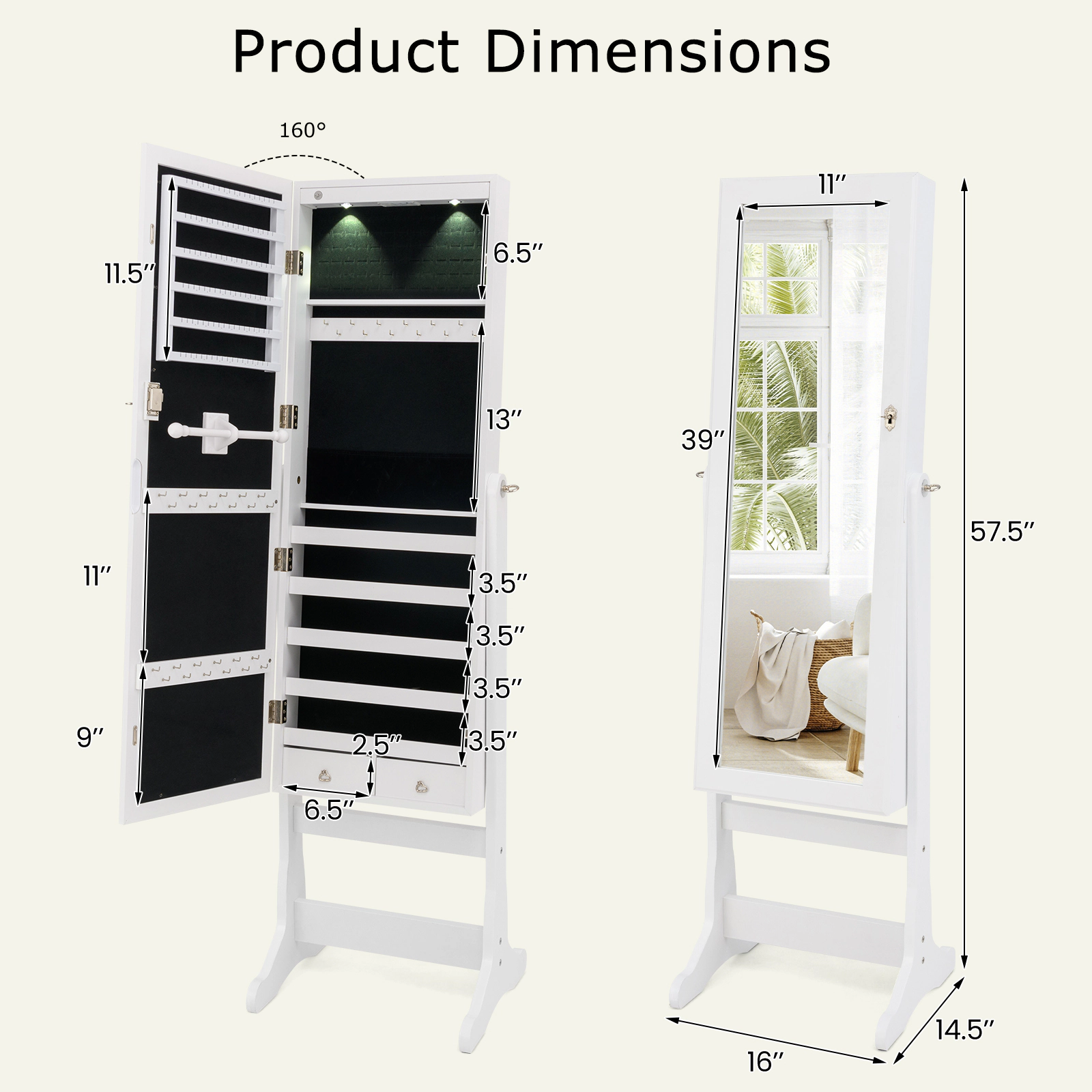SUGIFT Freestanding Jewelry Cabinet White Lockable Armoire with Full-Length Mirror and Lights