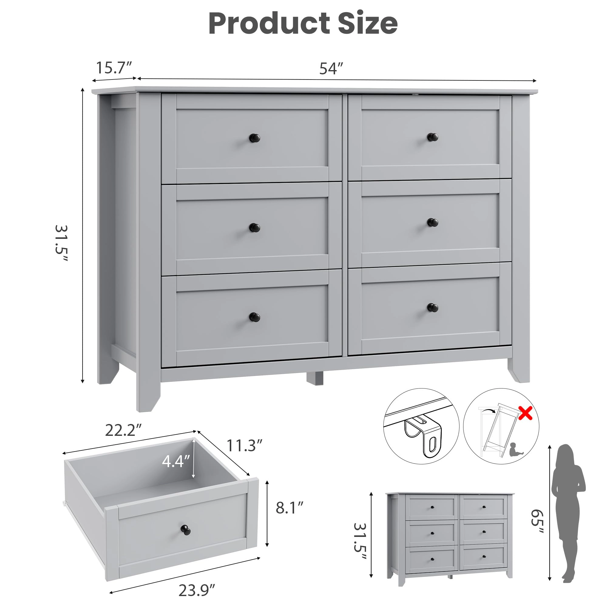 6 Drawer Dresser with Metal Knobs,  54" Wide Wooden Double Storage Chest for Bedroom Entryway Hallway