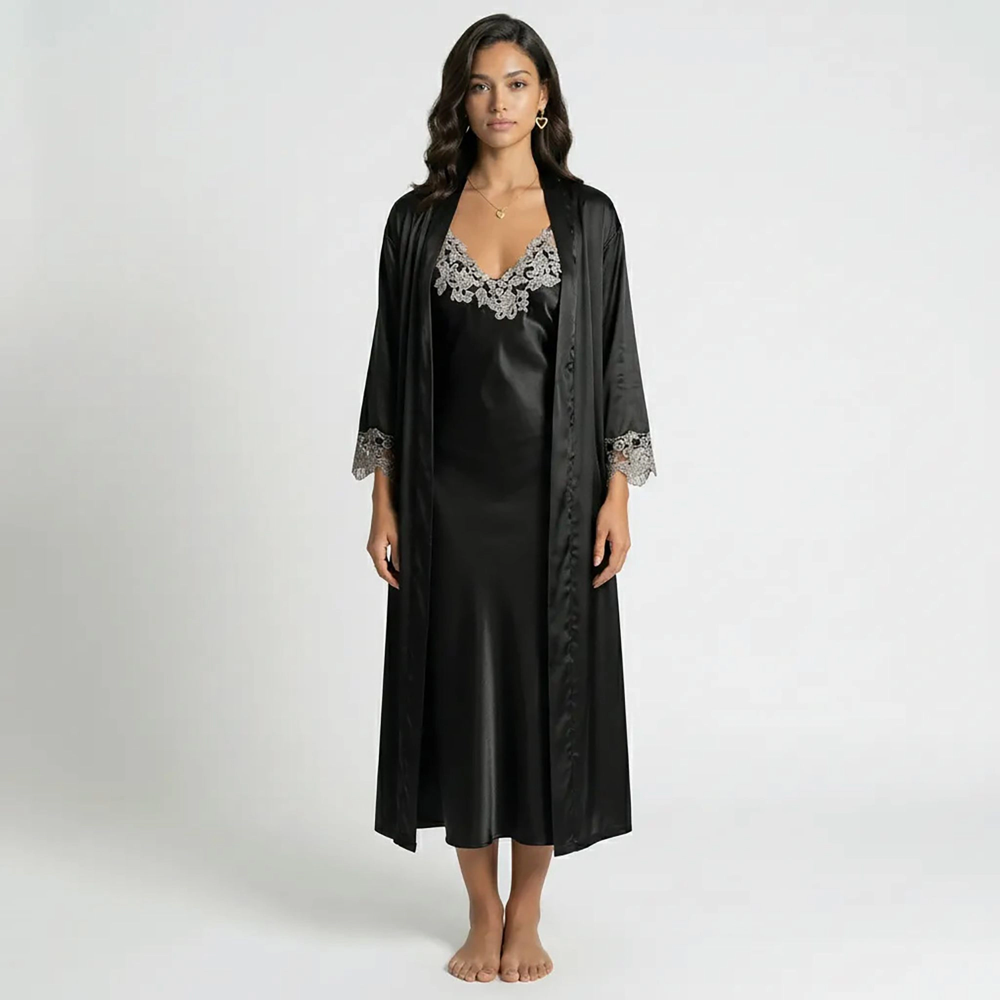 Anna-Kaci Women's Satin Long Robe and Lace Trim Nightgown Set