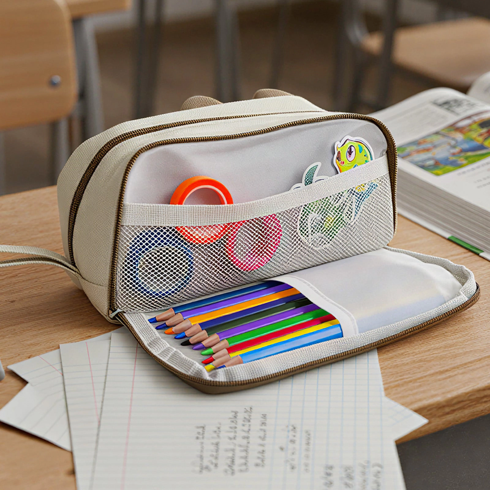 Wrapables 3D Cat 2-Compartment Pencil Case, Beige Cat