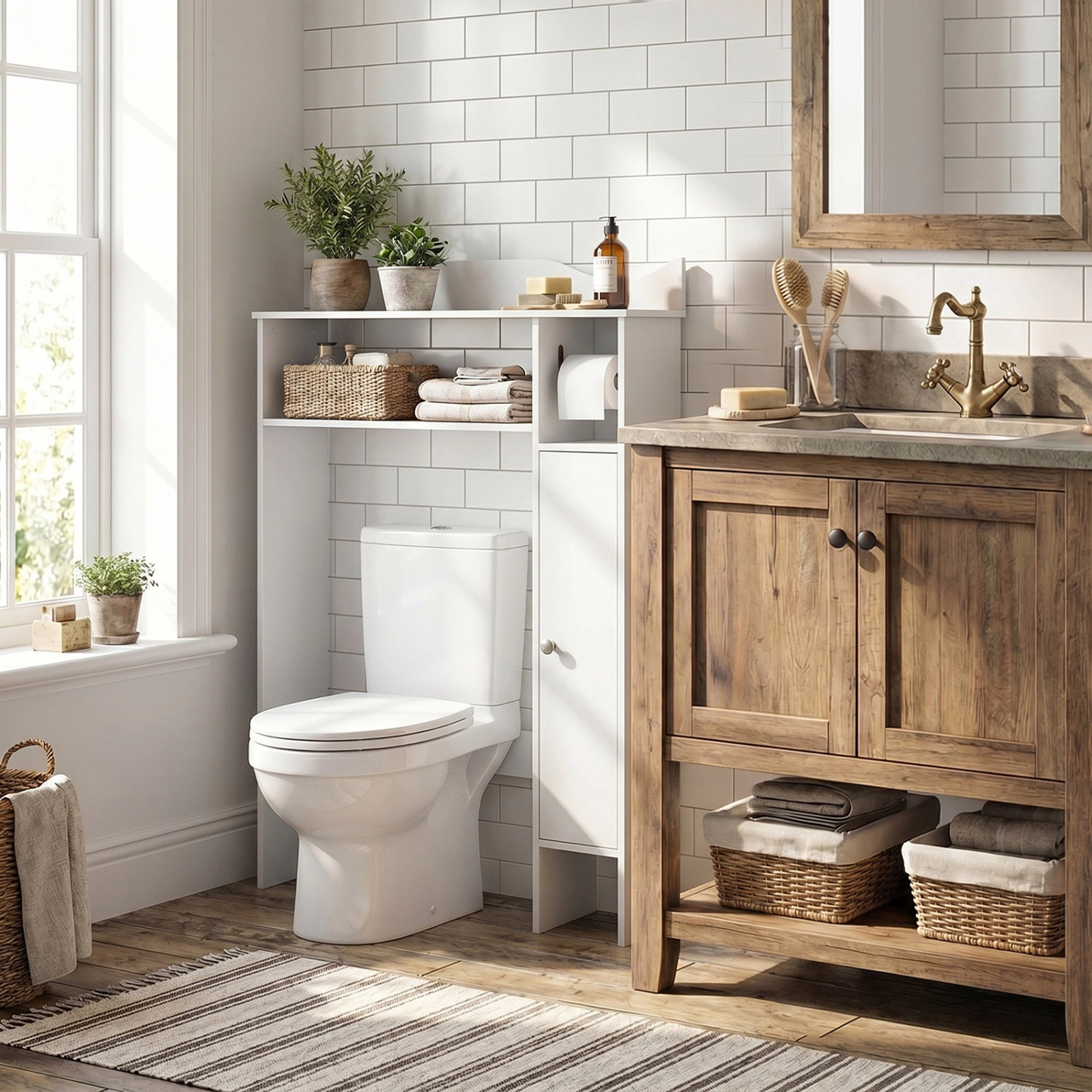 SUGIFT White 30-in Wide Wood Over the Toilet Bathroom Space Saver with Paper Holder and Side Cabinet