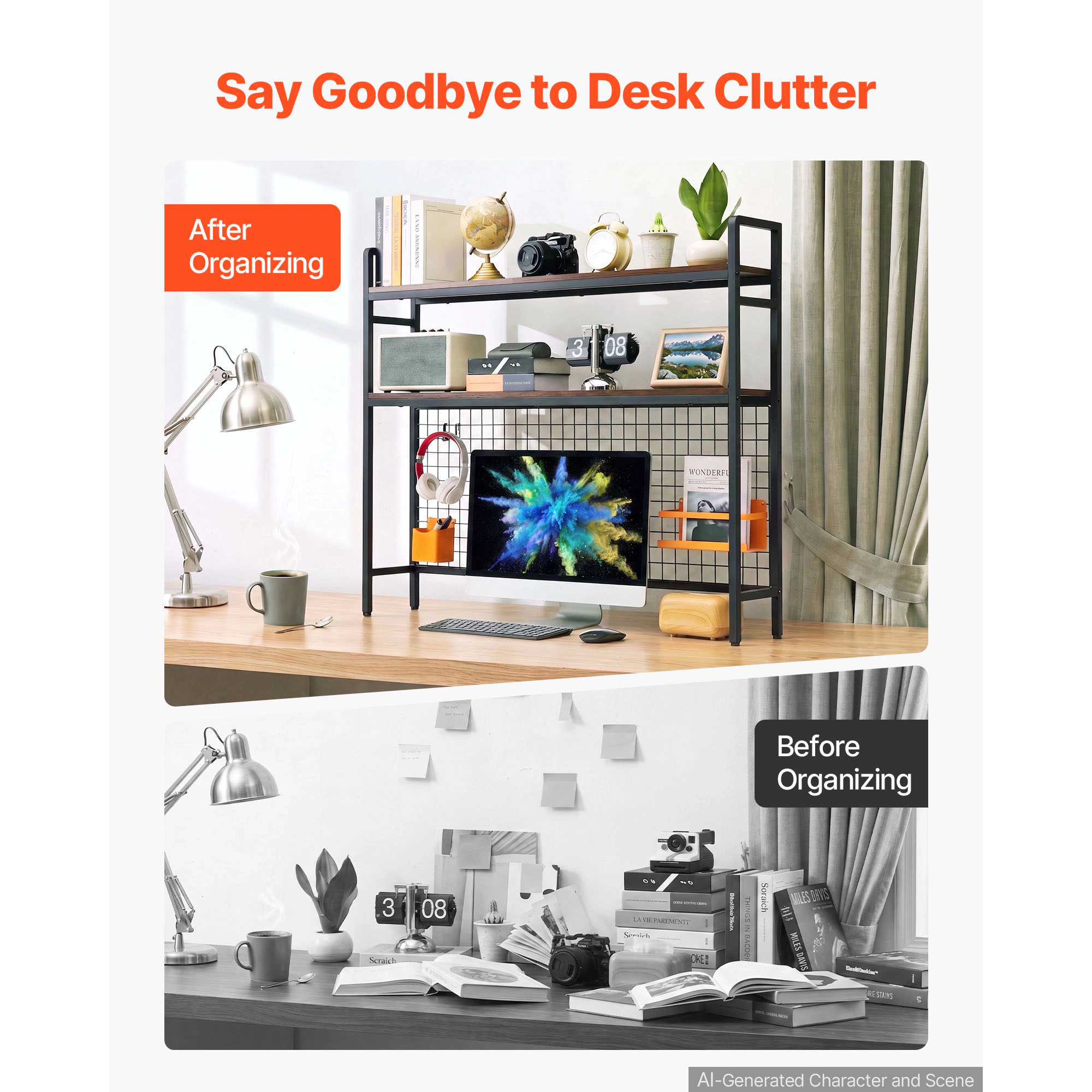 HONGGE Desktop Bookshelf Storage Hutch with for Desk Shelf Feet Pads Organizer Dorm Home