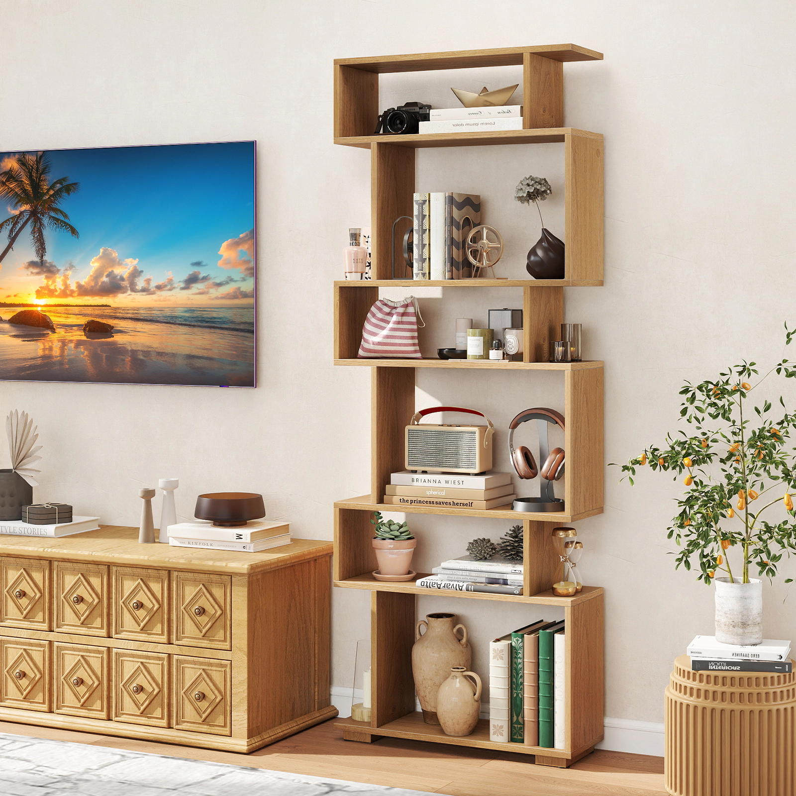 SUGIFT 6-Tier Geometric Bookshelf 22-lb Bottom Capacity with Anti-Tipping Kits Natural for Home Office