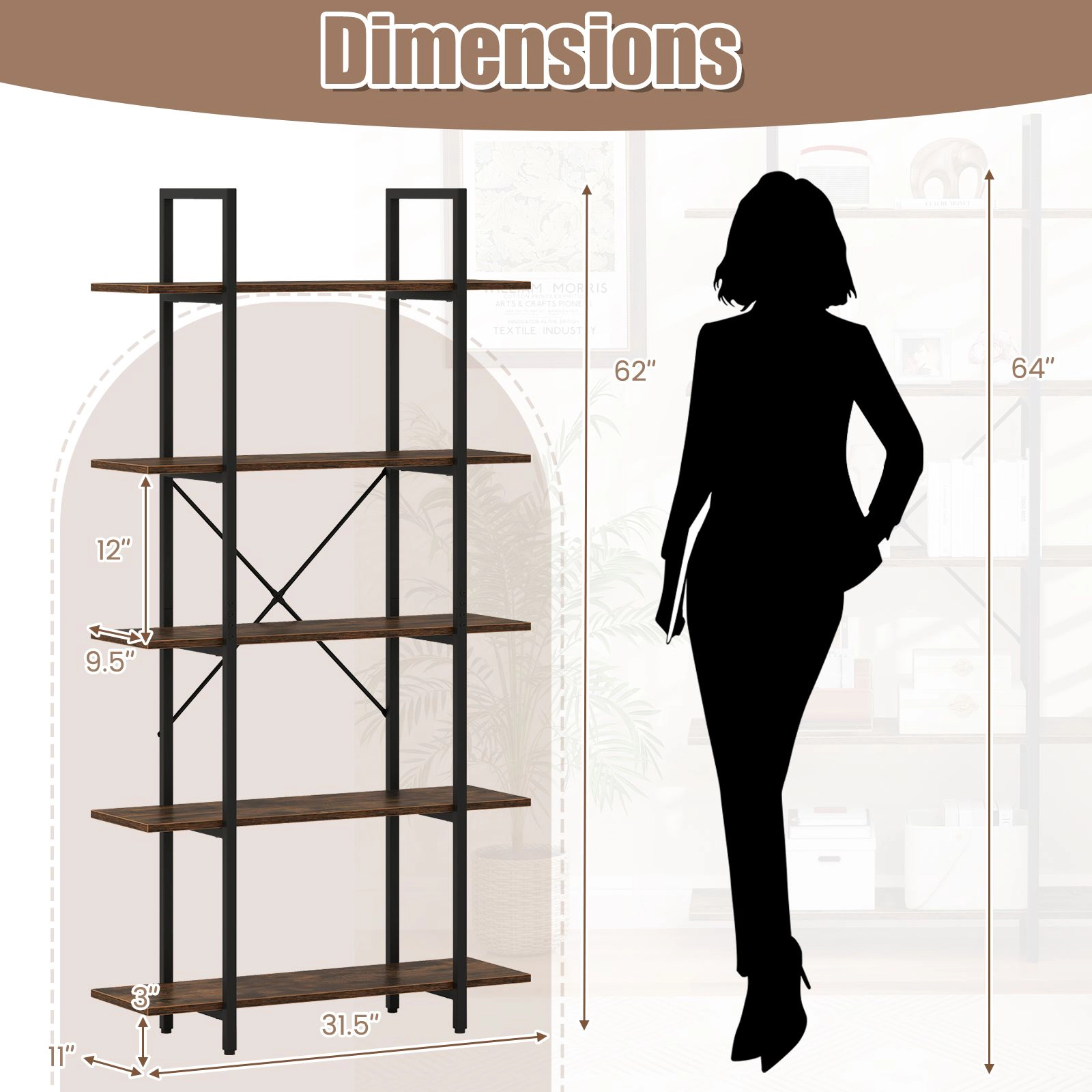 SlickBlue 62 Inch Tall 5 Tier Open Bookshelf Storage Rack