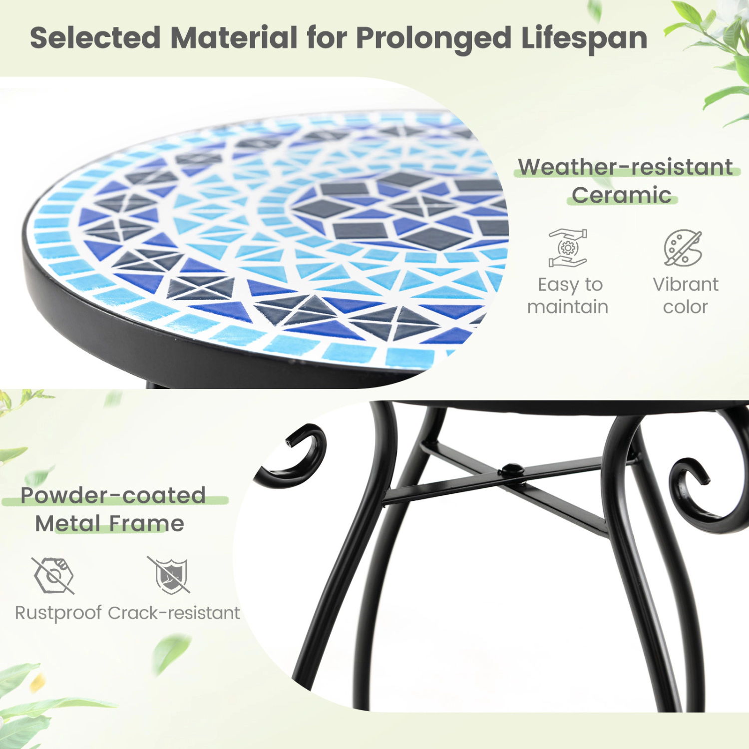Hivvago 14 Inch Mosaic Round Side Table Plant Stand for Patio Lawn Garden
