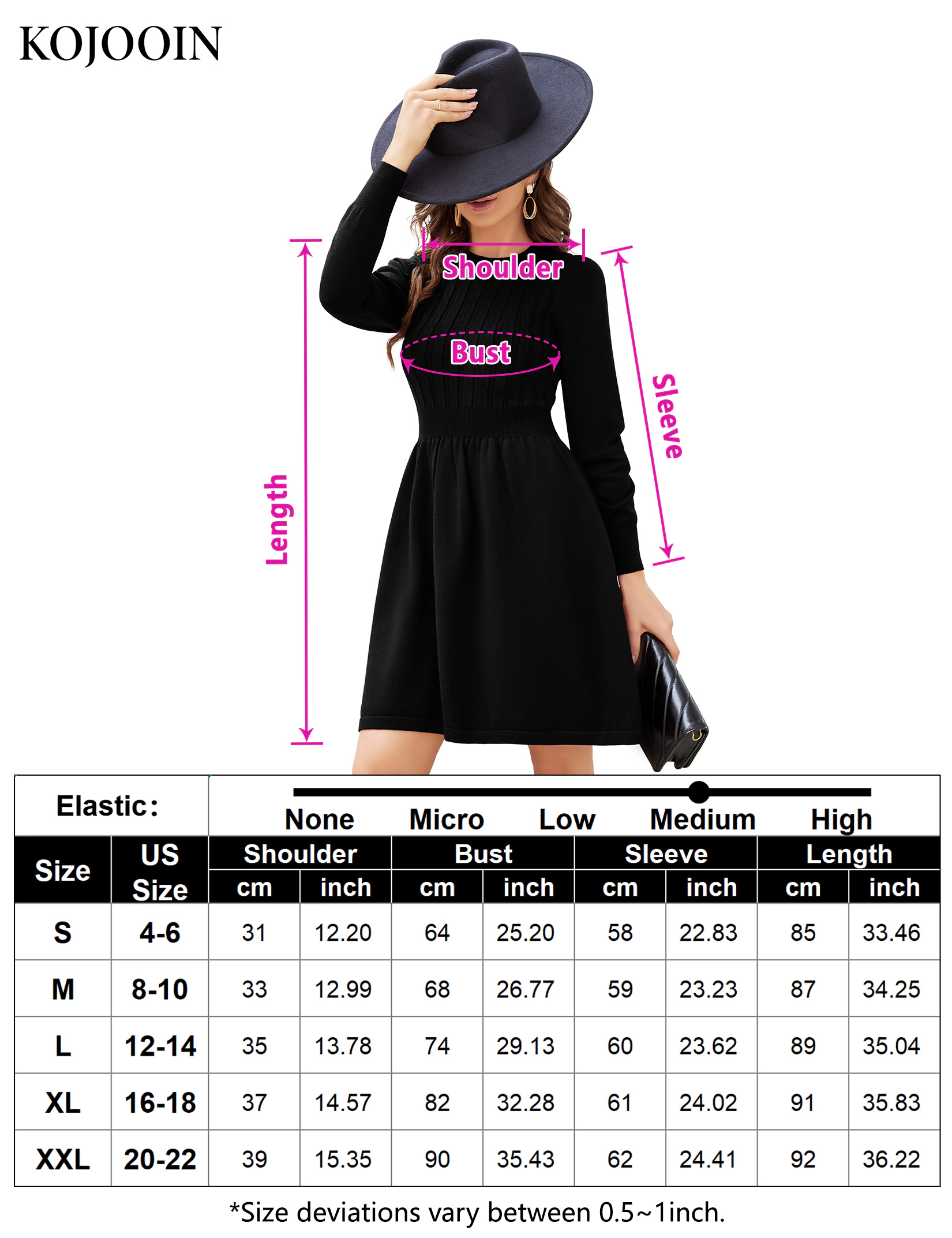 KOJOOIN Women's Knit Sweater Dress Long Sleeve Cinched Waist A‑Line Short Swing Fall Winter