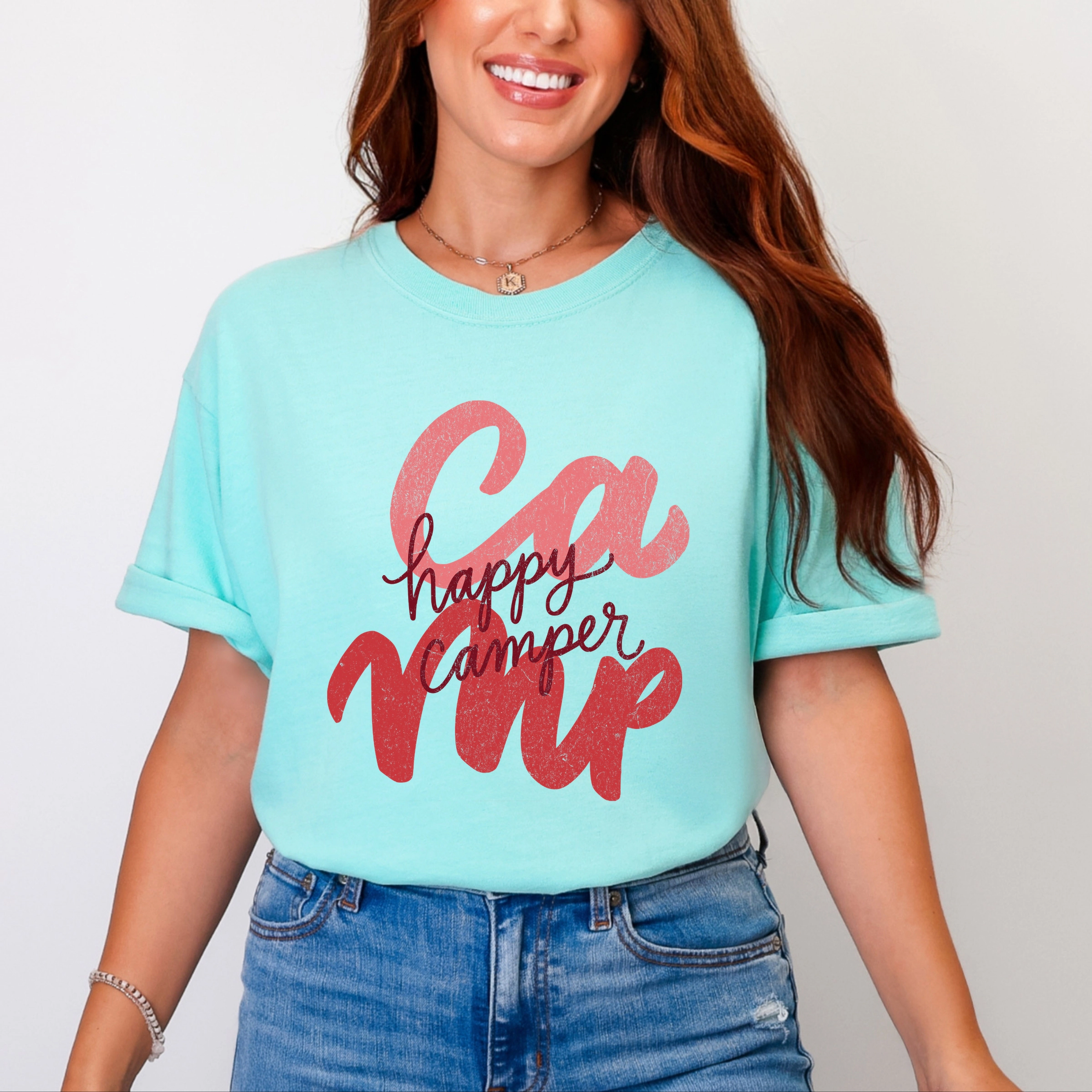 Simply Sage Market - Happy Camper Cursive Women's Garment Dyed Graphic T-Shirt