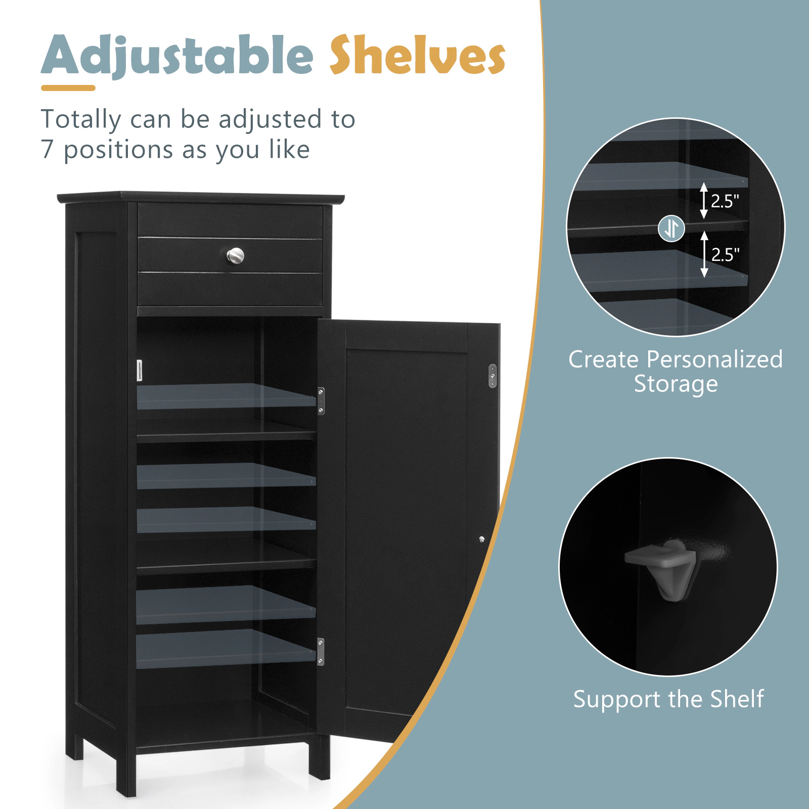 SUGIFT 1 Drawer 1 Door Adjustable Shelves Freestanding Bathroom Cabinet 14-in x 12-in x 34.5-in 132-lb Capacity Black