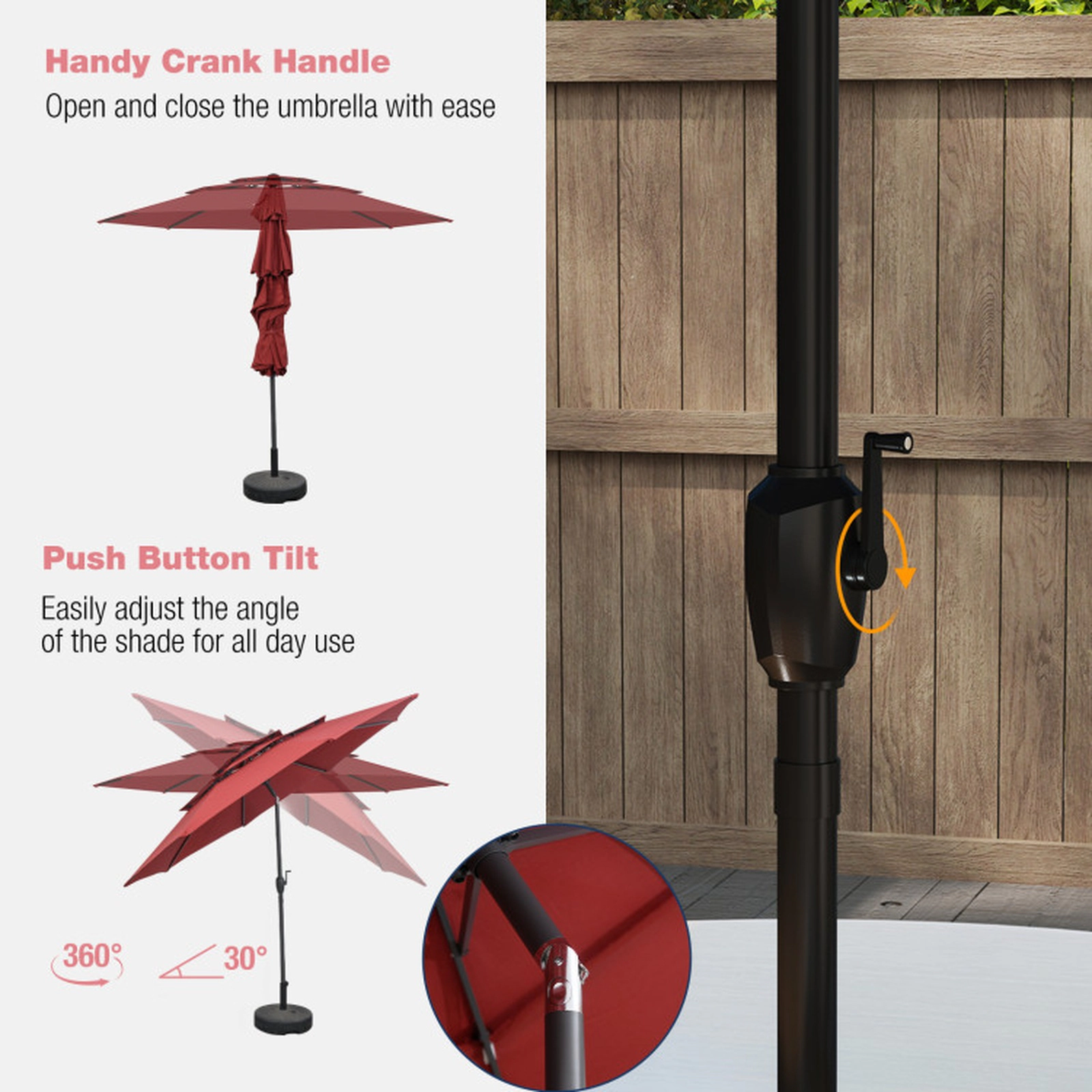 SUGIFT 10-ft Red Round Market Patio Umbrella with 3-Tier Vented Canopy Push Button Tilt and Crank Lift