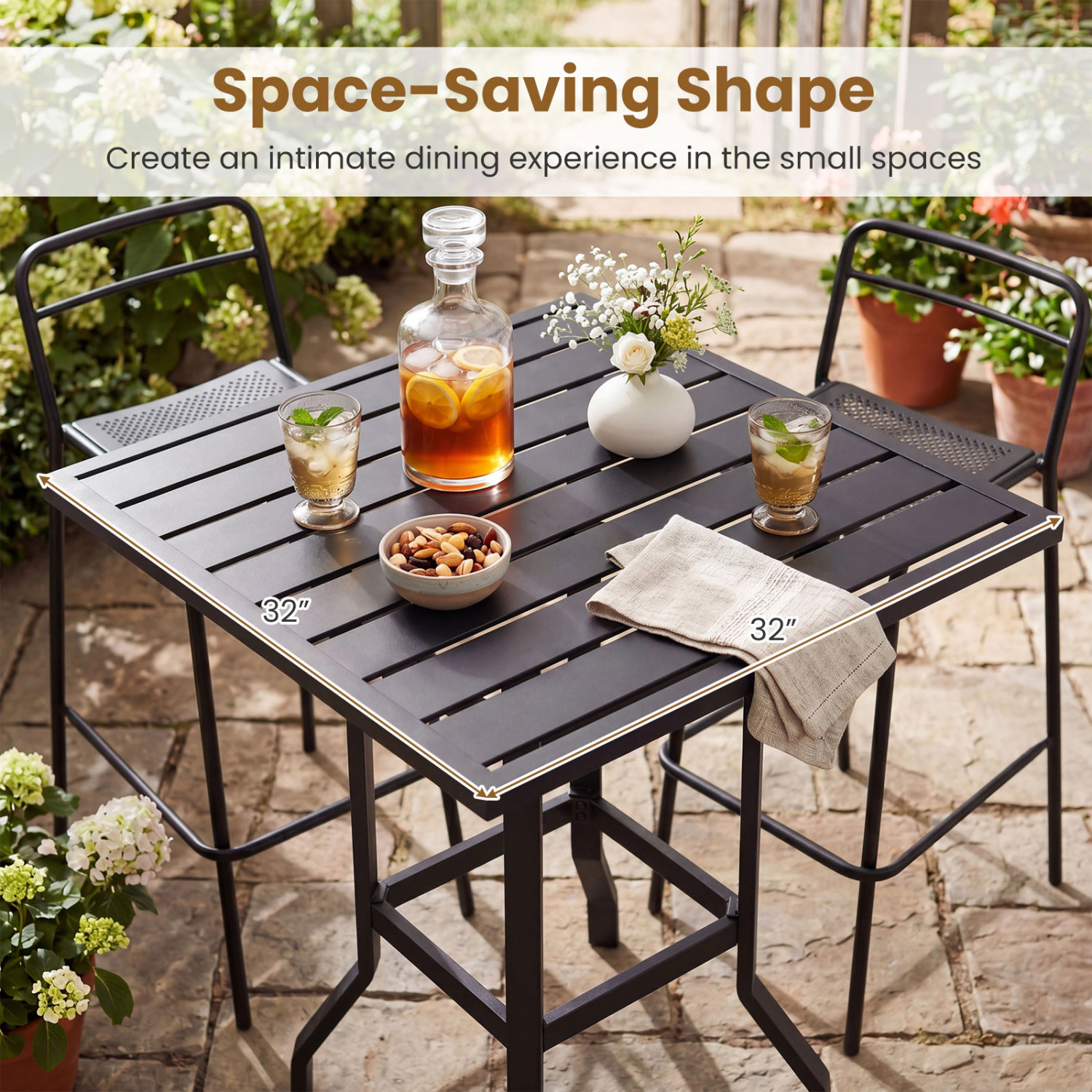 LJG 32 Inches Outdoor Steel Square Bar Table with Powder-Coated Tabletop