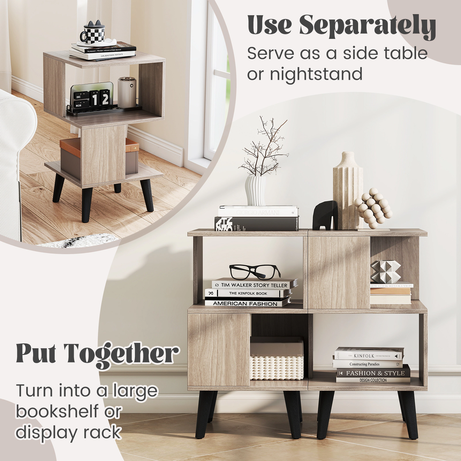 Slickblue 2 Piece End Table Set 16 Inch Square Nightstand with 2 Open Shelves Grey