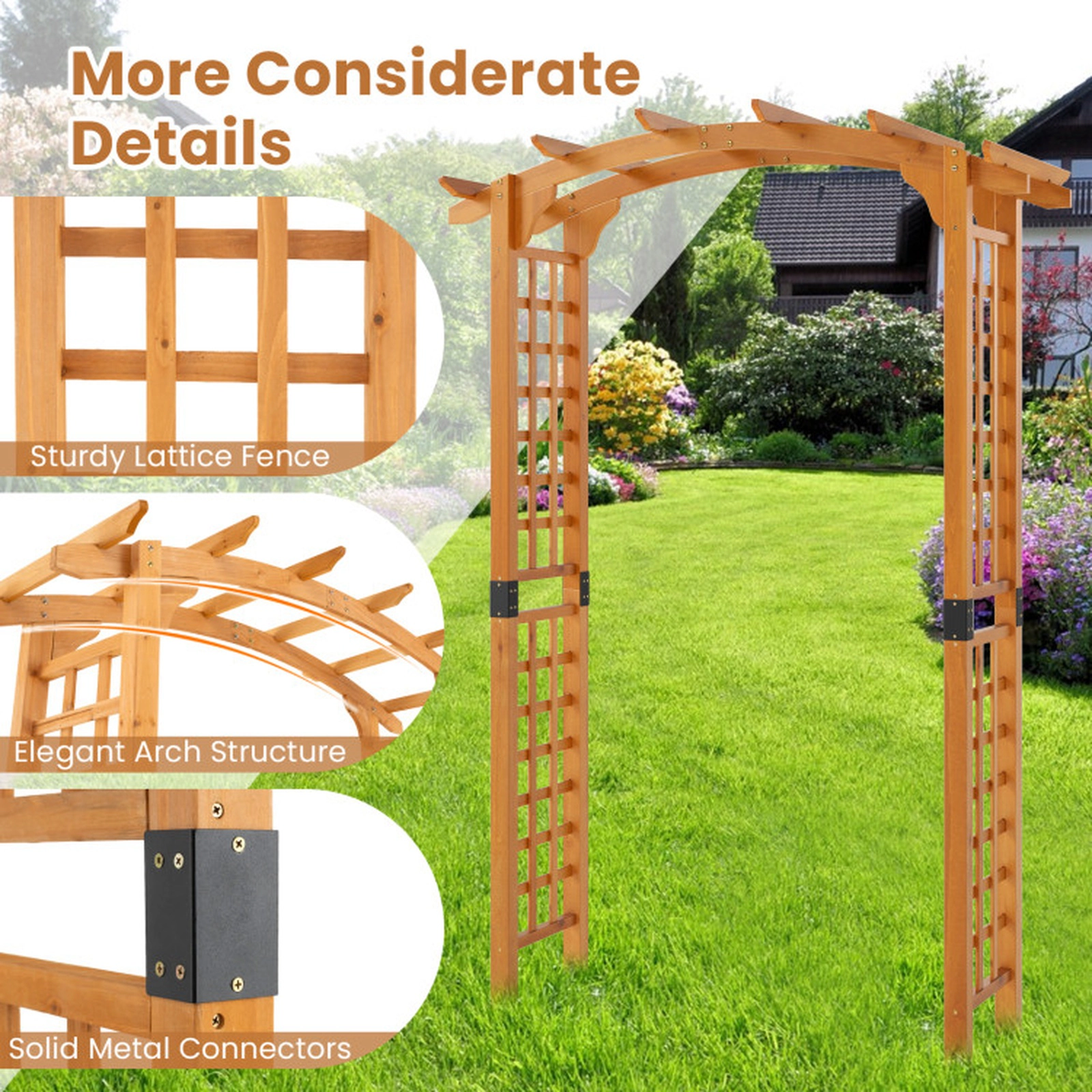 SUGIFT 7.5-Ft Orange Wooden Garden Arch Arbor with Lattice Trellises and Hanging Roof 63-in W 24-in D 90-in H