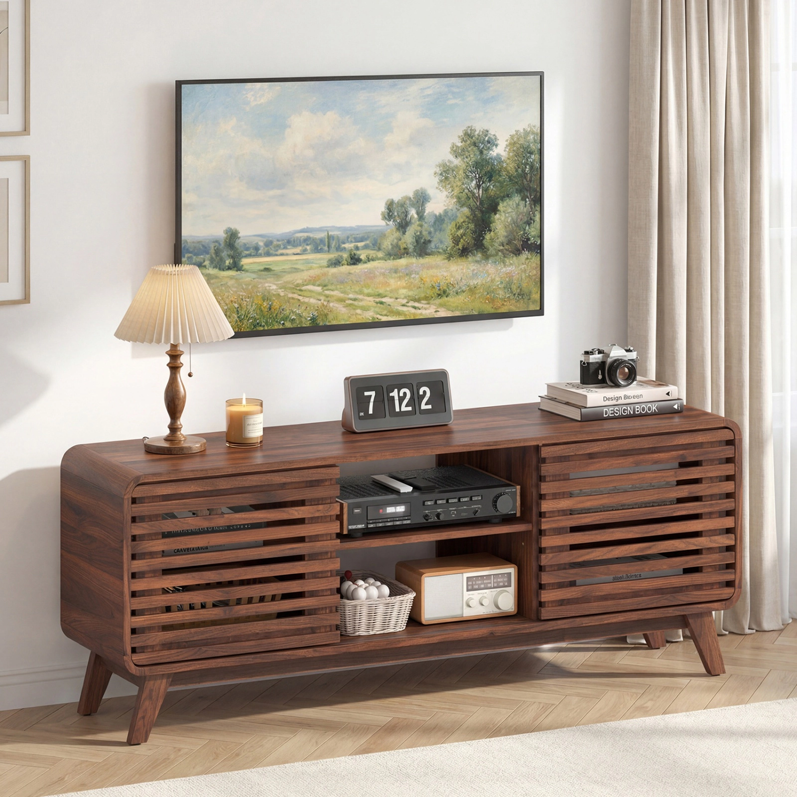 SUGIFT Mid Century Modern Entertainment Center TV Stand Grille-Style Sliding Doors 100-lb Tabletop 3 Adjustable Shelves