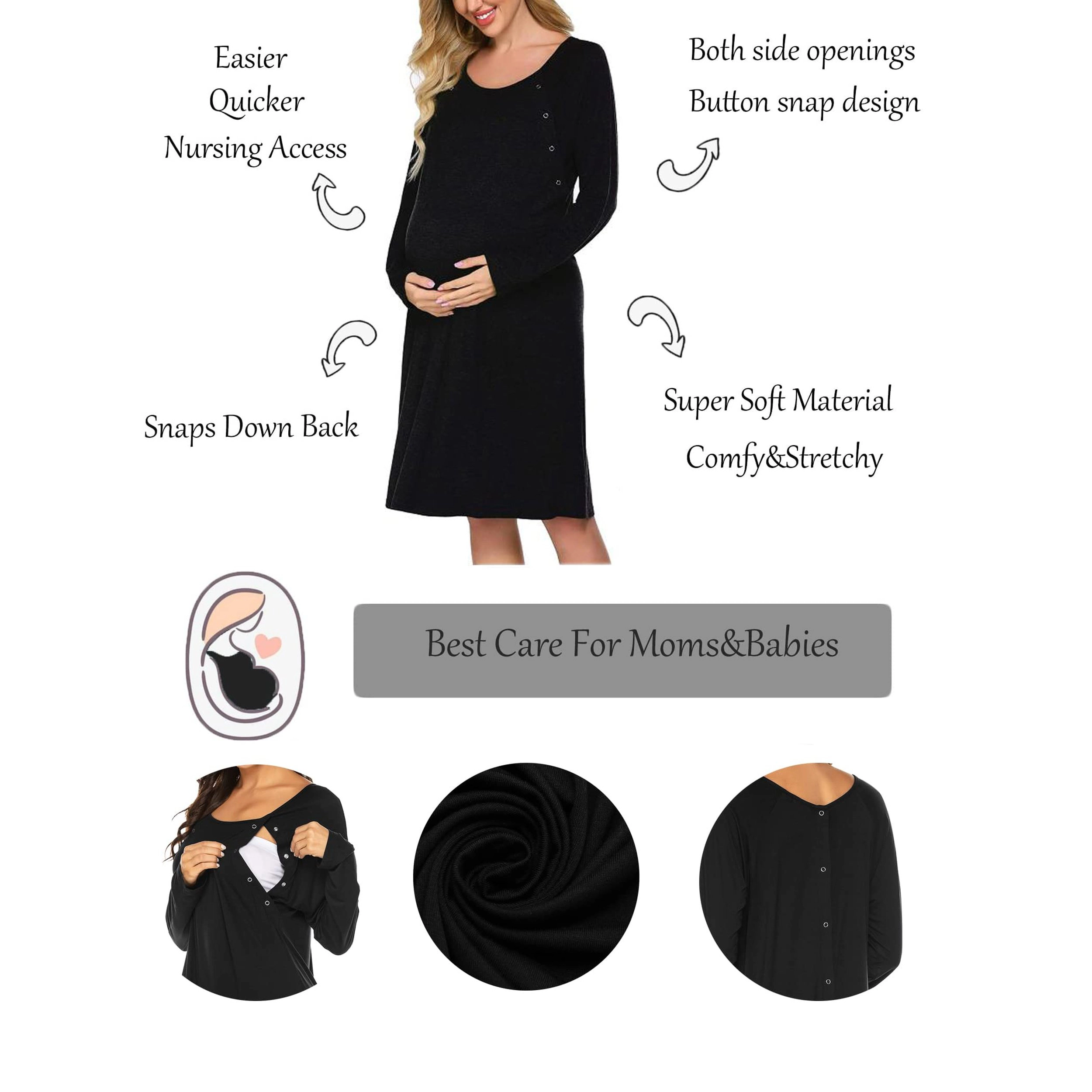 Ekouaer Maternity Nightgown Labor Delivery Nursing Gown Hospital Breastfeeding Dress Long Sleeve