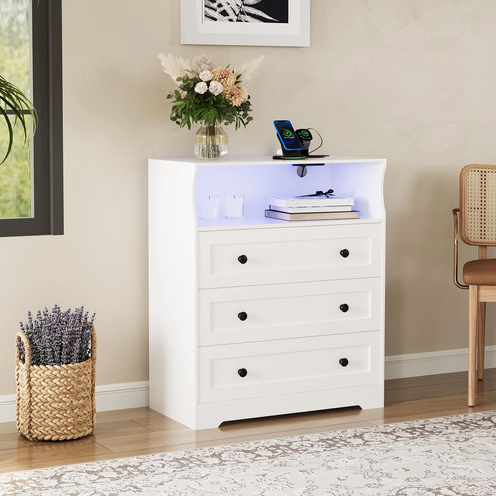 37.2" 3 Drawer Dresser with LED Lights & Charging Station, Wood Storage Chest Open Shelf