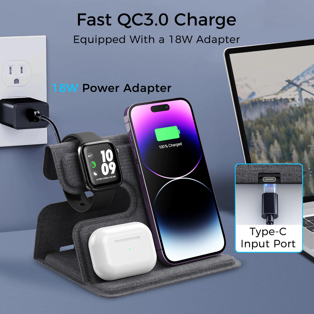 Alpha Digital 18W, 3-in-1 Device, SmartPhone, Earbuds, iWatch - Wireless Charger