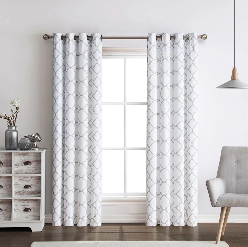 Kate Aurora 2 Piece Thermal Lined Gray & White Trellis Grommet Light Reducing Curtains - 52 in. W x 84 in. L