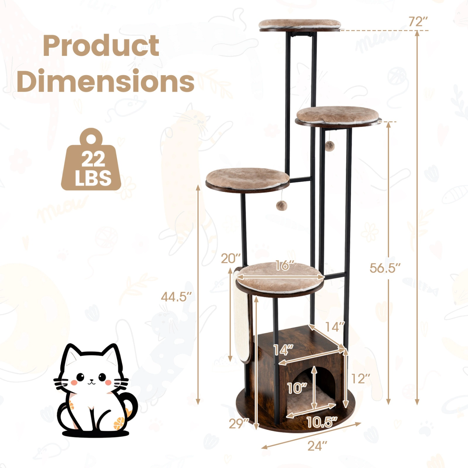 SUGIFT 72-in Tall Multi-Level Cat Condo Tree with Top Perch Platforms 22-lb Capacity Rustic Brown