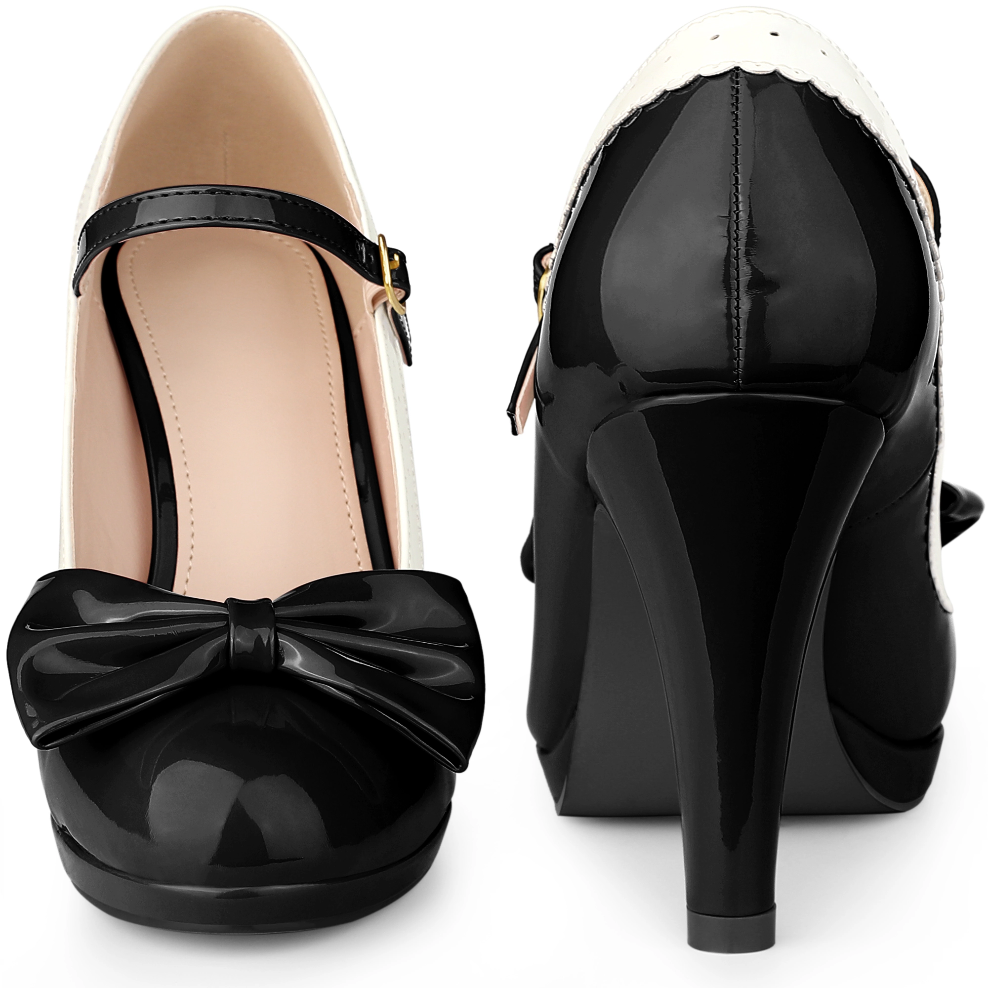 BLISSFUL STEP Women's Bow Platform Ankle Strap Stiletto Heels Pumps