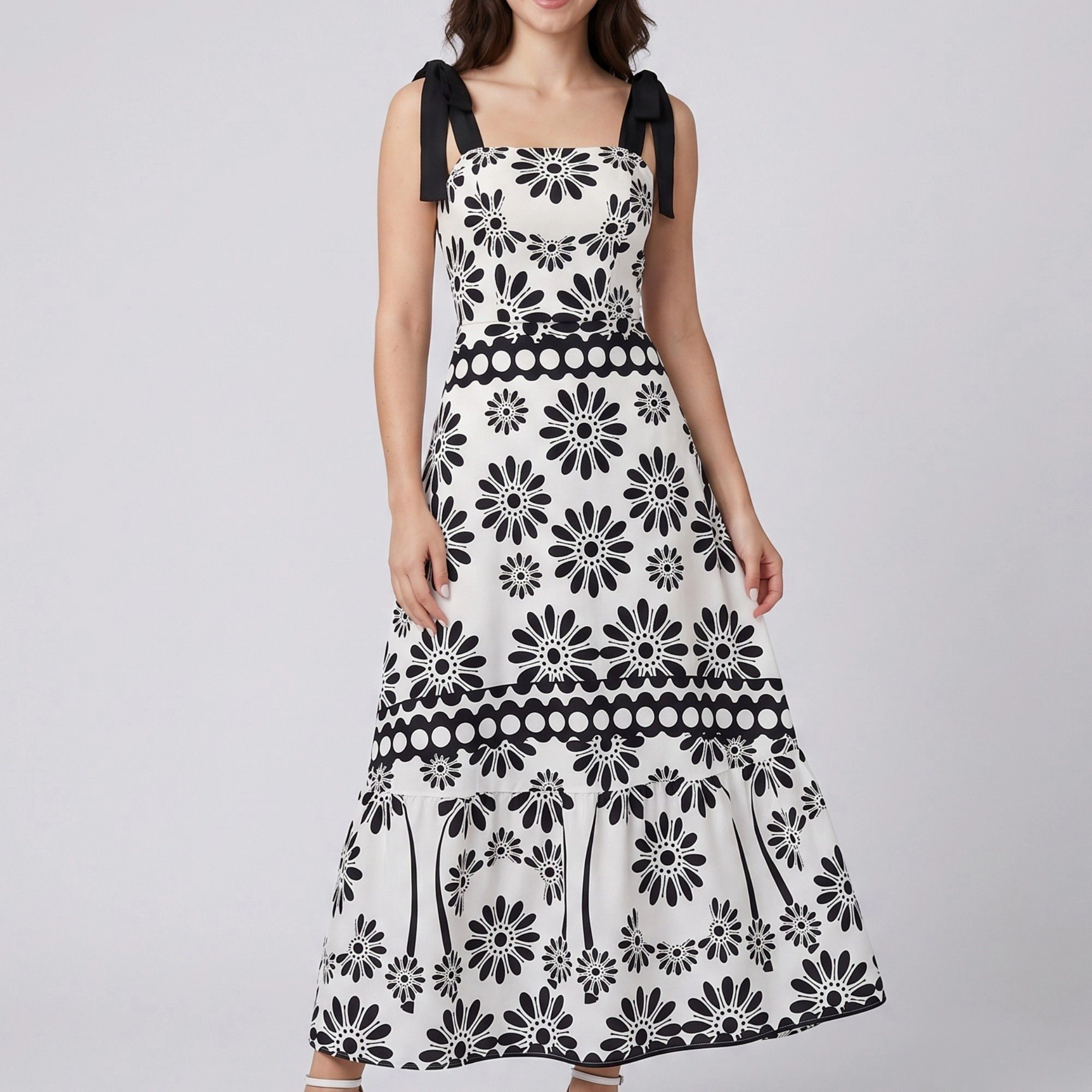 Anna-Kaci Women's Black White Floral Tie Shoulder Smocked Tiered Midi Dress