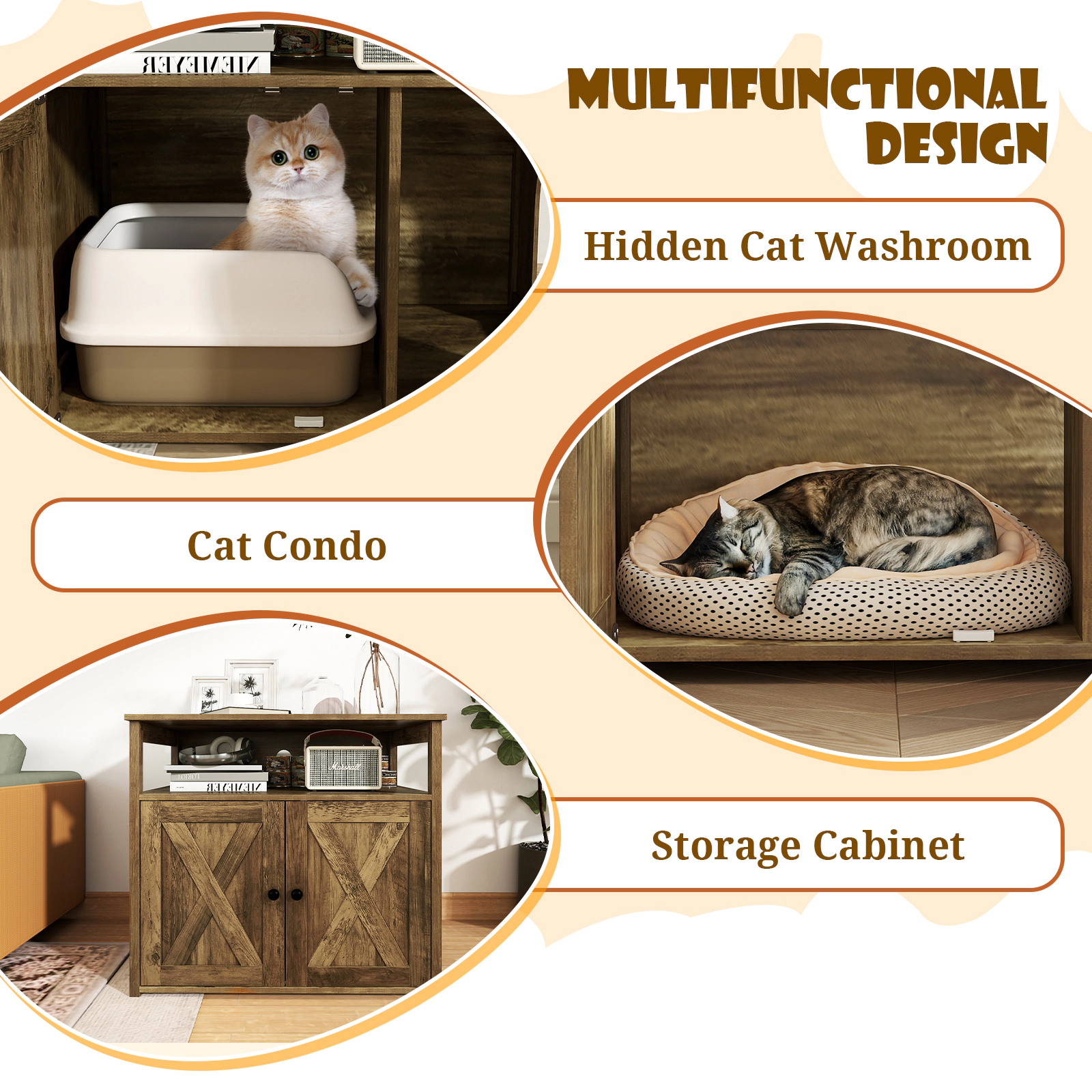 SUGIFT Cat Litter Box Enclosure Cabinet with Double Barn Doors Divider Side Entry 66-lb Top 55-lb Interior Oak