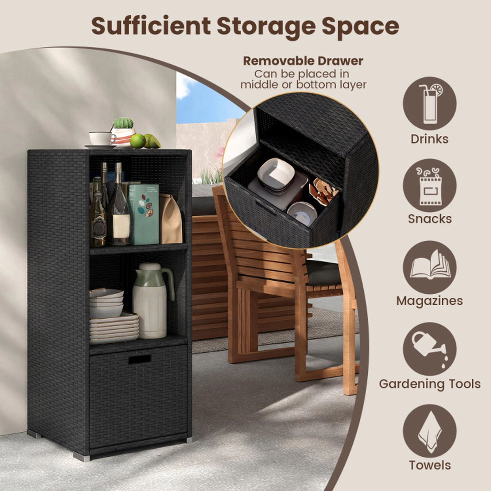 SUGIFT Hand-Woven PE Rattan Outdoor Storage Cabinet with 3 Shelves Countertop and Removable Drawer