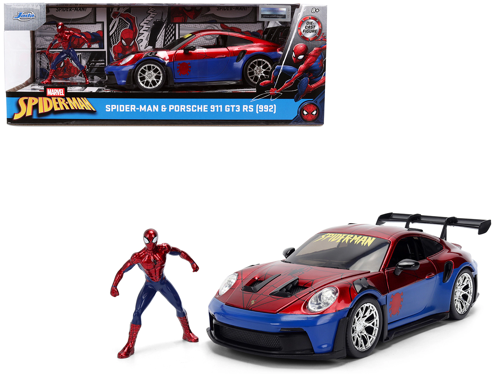 Jada Porsche 911 GT3 RS (992) Red and Blue with Graphics and Spider-Man Diecast Figure "Marvel Spider-Man"