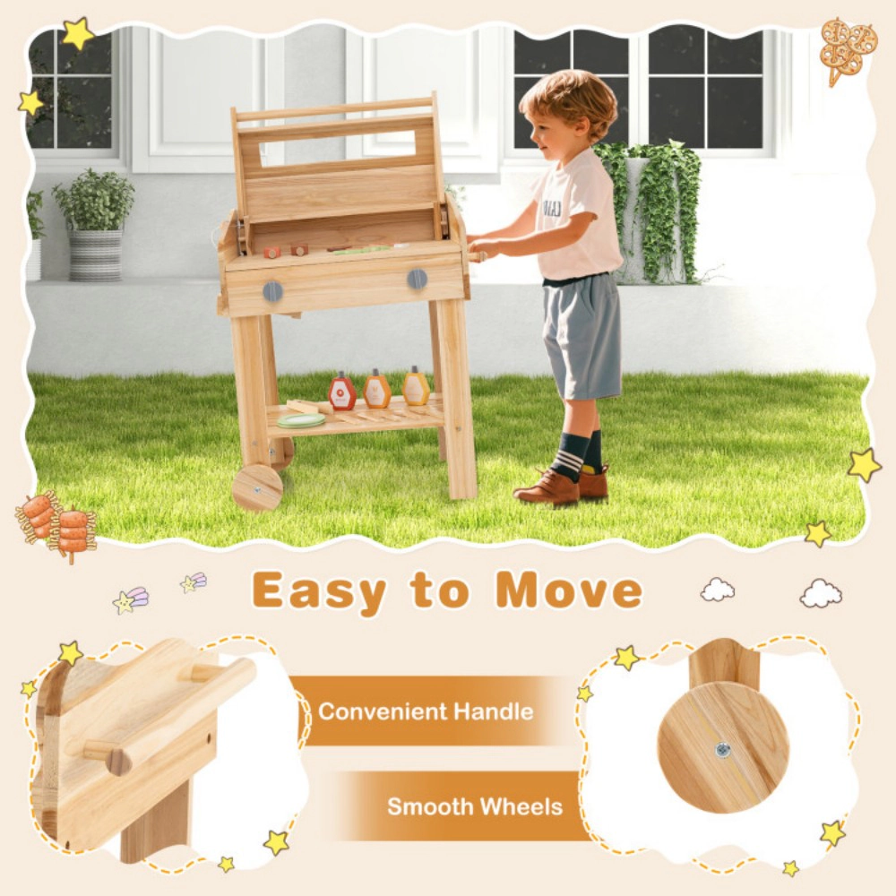 SUGIFT Kids Wooden Barbecue Grill Playset Pretend Kitchen with 25-Piece Food Set Ages 3+ 21-in Wide Natural