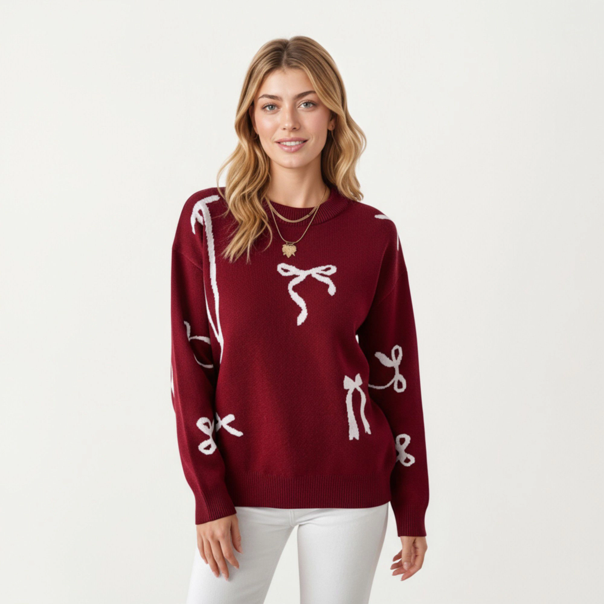 Anna-Kaci Women's Long Sleeve Knit Sweater with Allover Bow Pattern Ribbed Trim