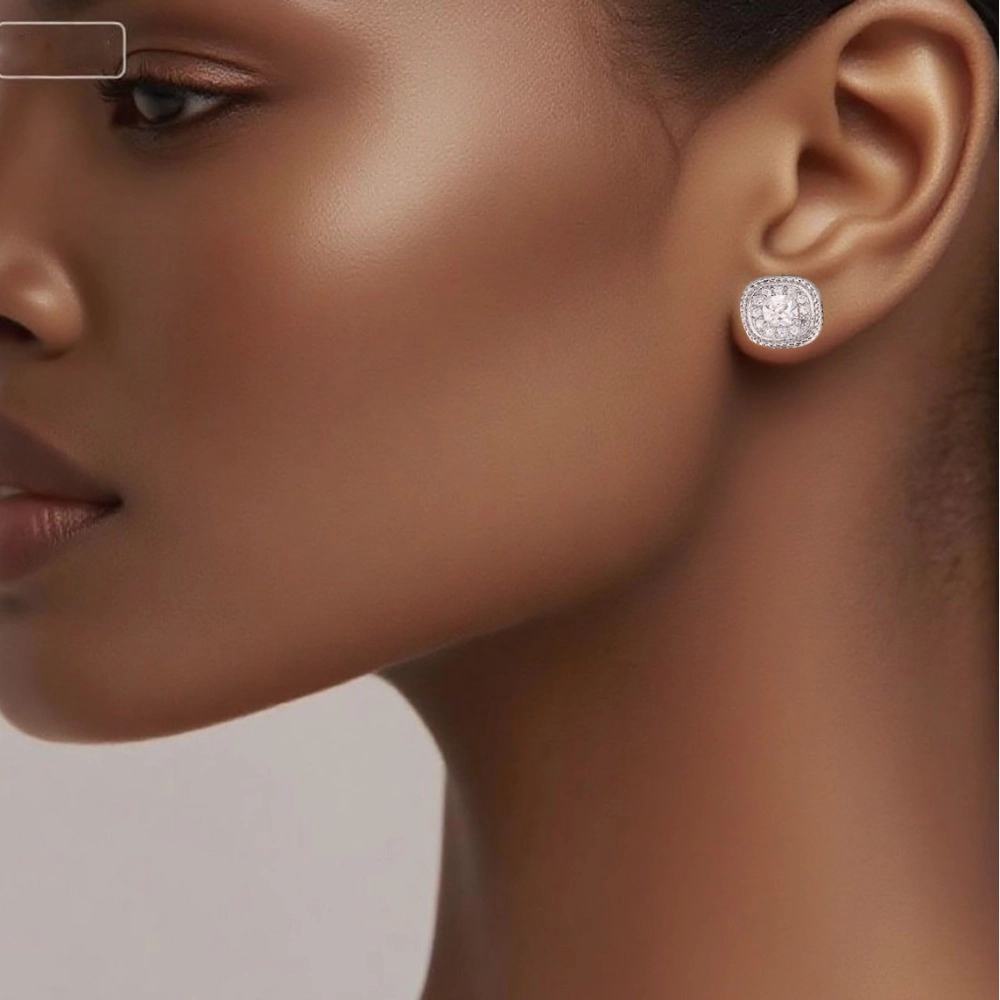 Double Halo Cushion Cut Cubic Zirconia Square Stud Earring