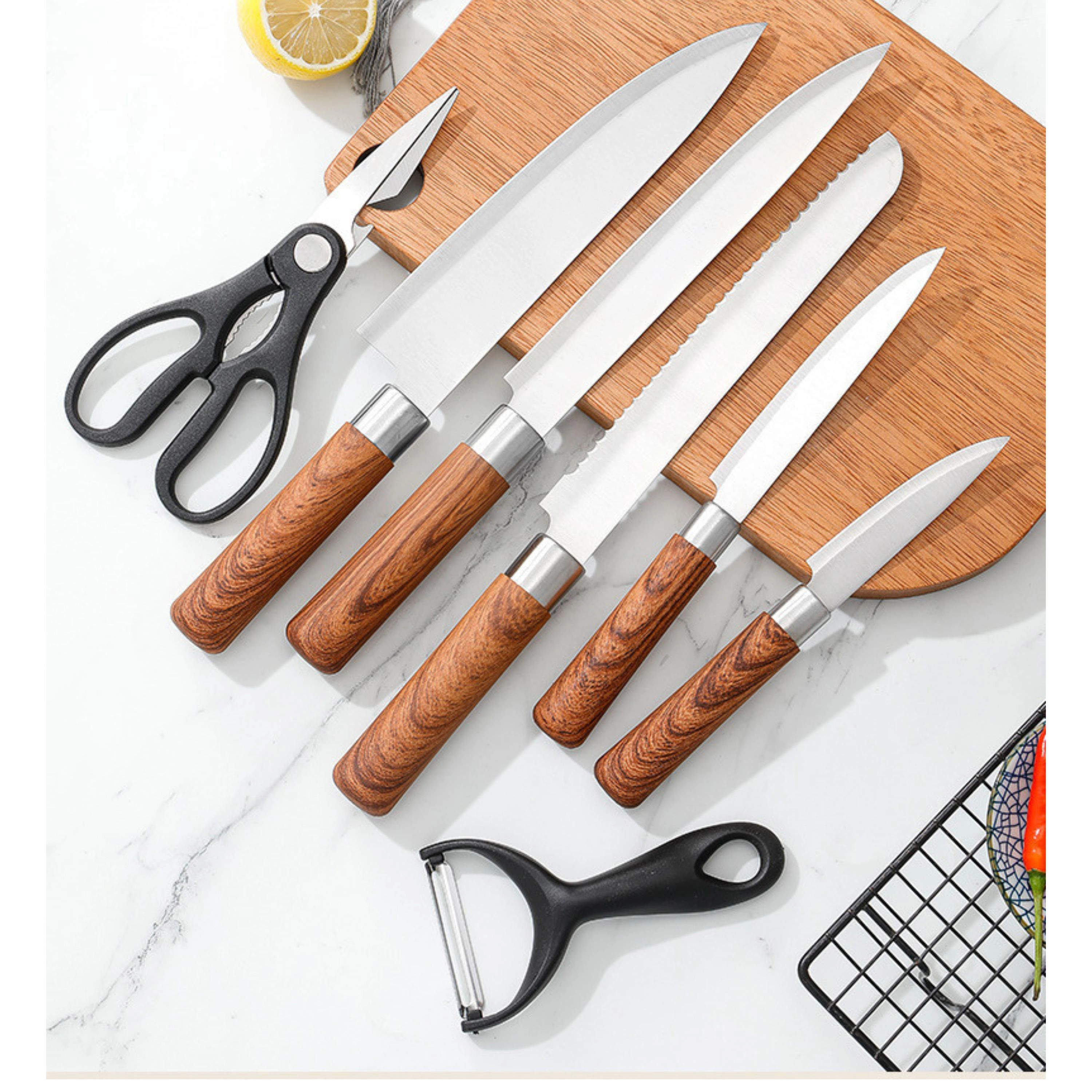 Kitcheniva 7-Piece Stainless Steel Knife Set With Wooden Handles