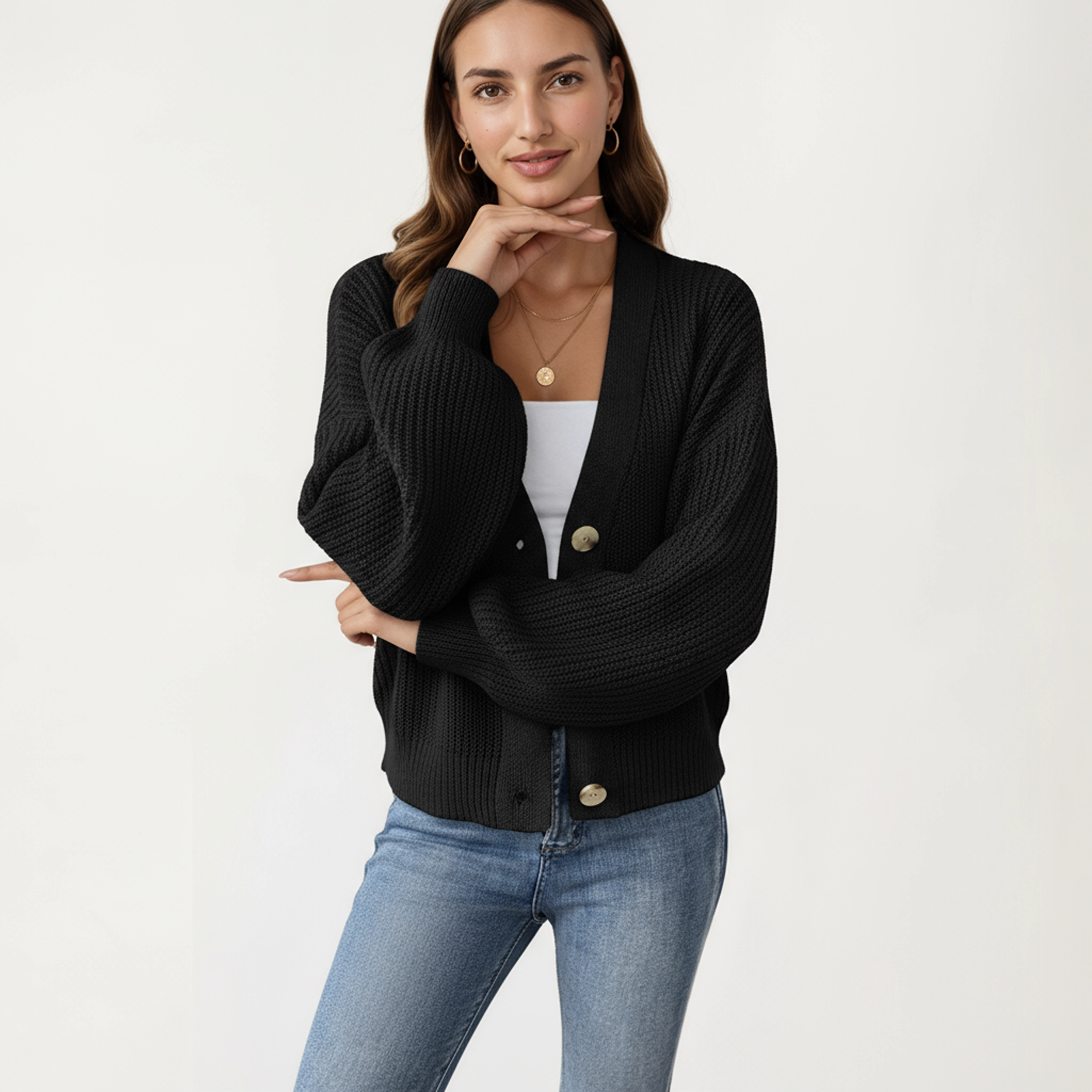Anna-Kaci Women's Button Front Knit Cardigan with Long Lantern Sleeves and Relaxed Fit Design