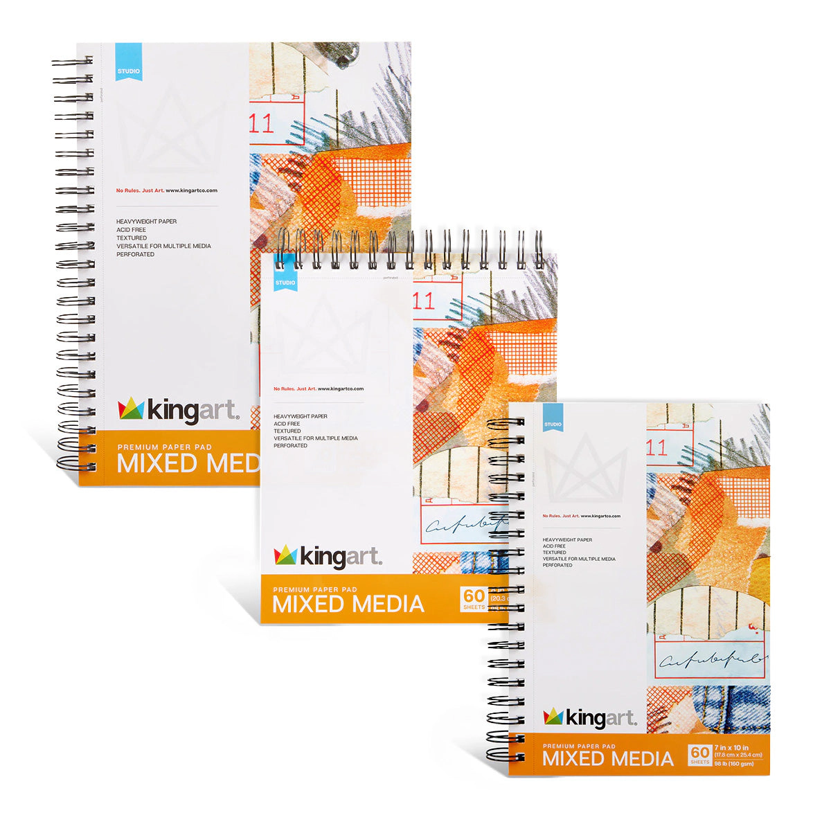 KINGART Mixed Media Paper Pad Bundle, 3 Pack 7"x10", 8"x10", 9"x12" - 60 Sheets Each