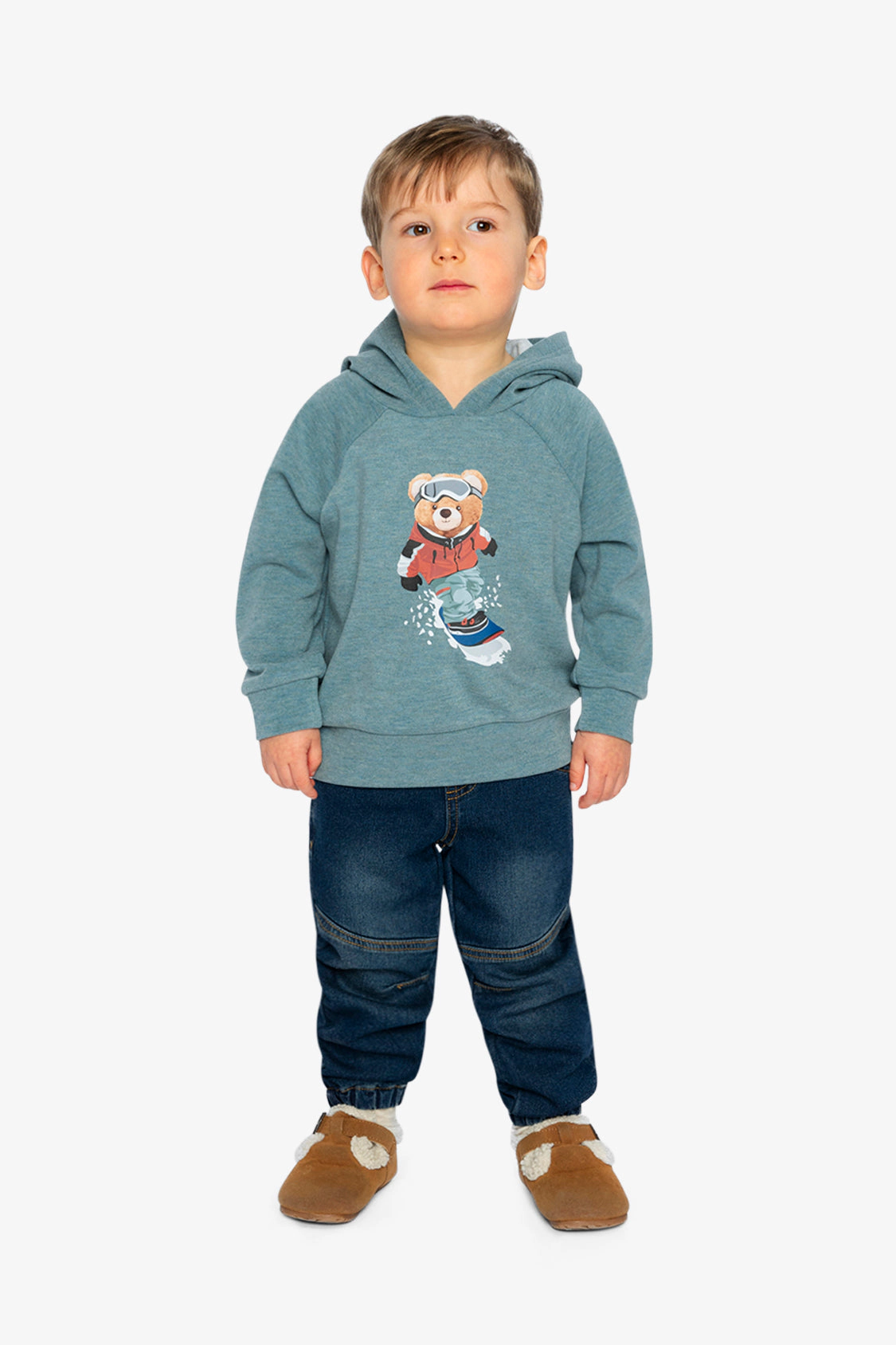 Deux par Deux Boys Brushed Jersey Hoodie with Ski Bear Screenprint