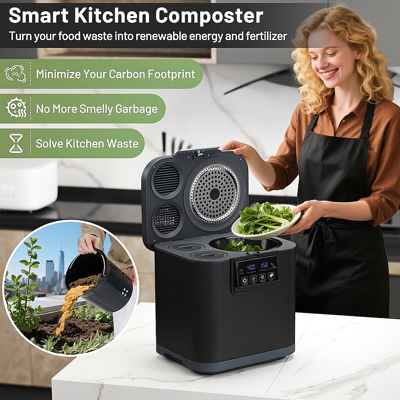 SUGIFT Electric Kitchen Composter Food Waste Blender LED Display Auto Mode 4-Liter 1-Gallon 4-6 Hour Cycle Black