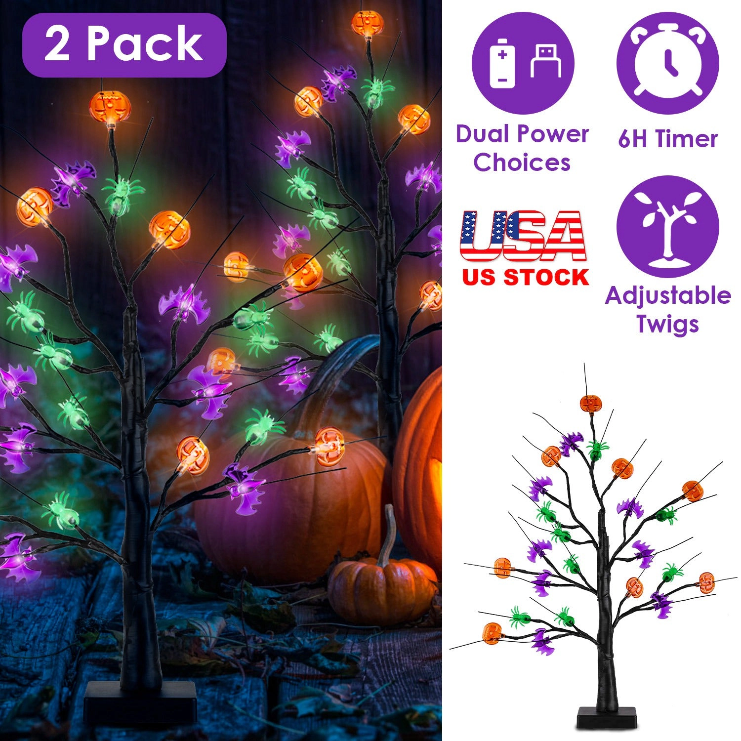 GBruno 2-Pack LED Halloween Tree Lights With Timer