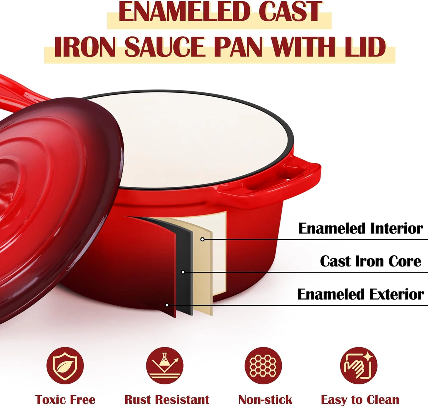 E-FAR Enameled Cast Iron Sauce Pan with Lid