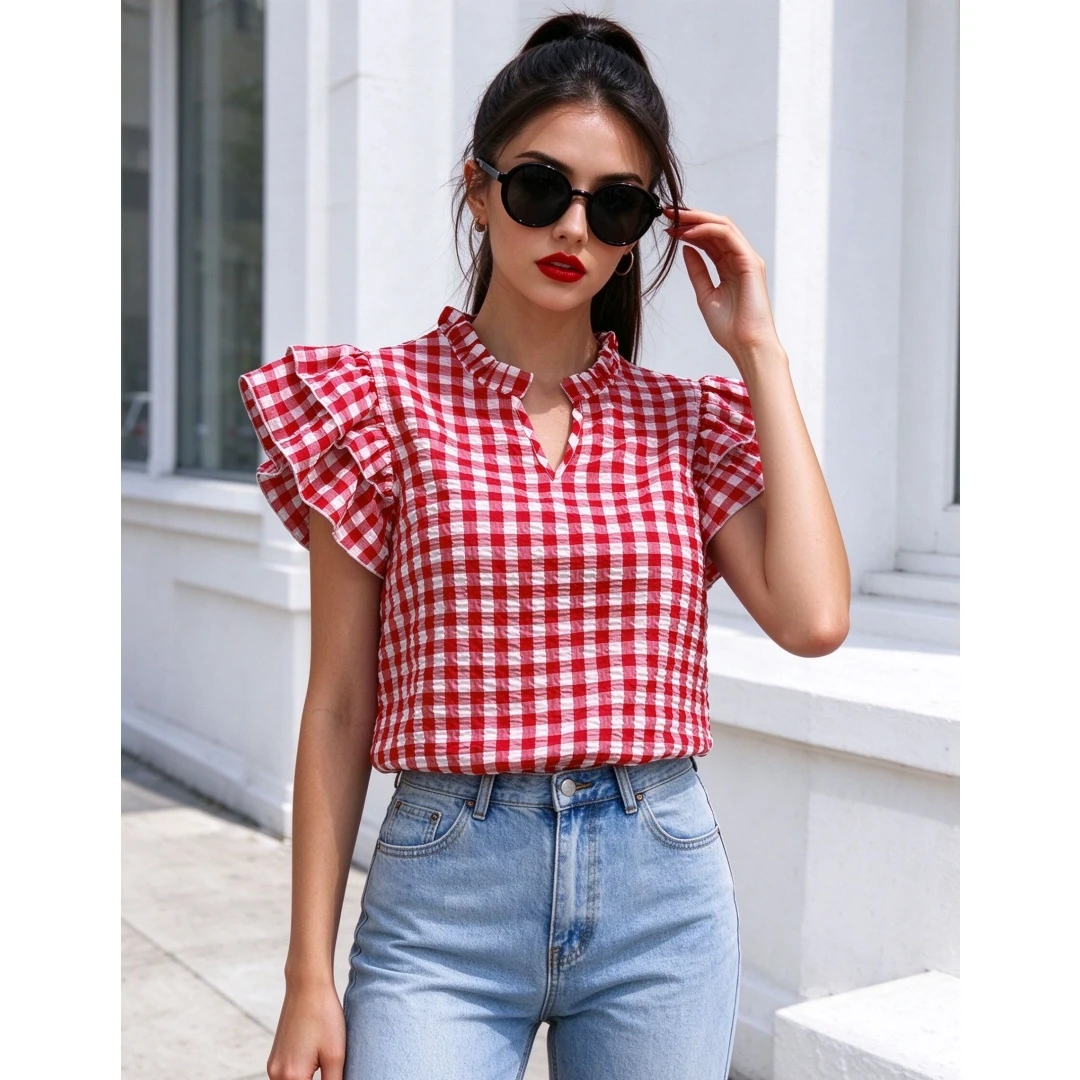 Coolmee Women's Summer Double Ruffle Plaid Short Sleeve Blouse Top