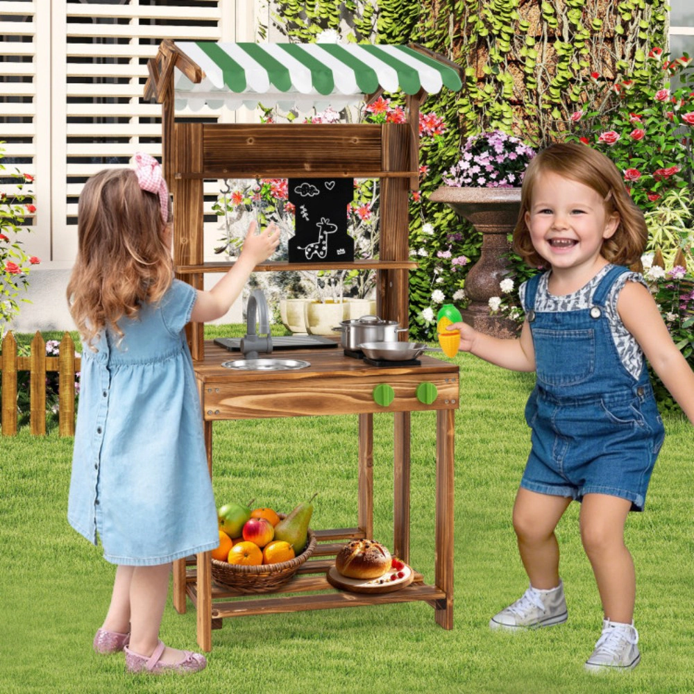 SUGIFT Double-Sided Mud Kitchen with Canopy and Sliding Chalkboard for Ages 3+ Brown