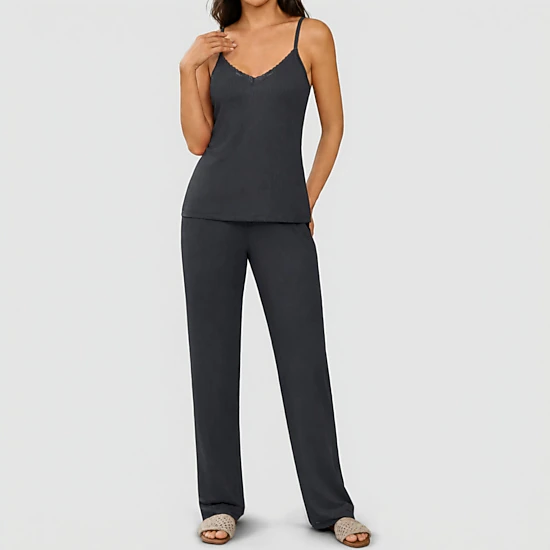 Ekouaer Women's Ribbed Lace Trim V-Neck Tank Top and Pants Pajama Set