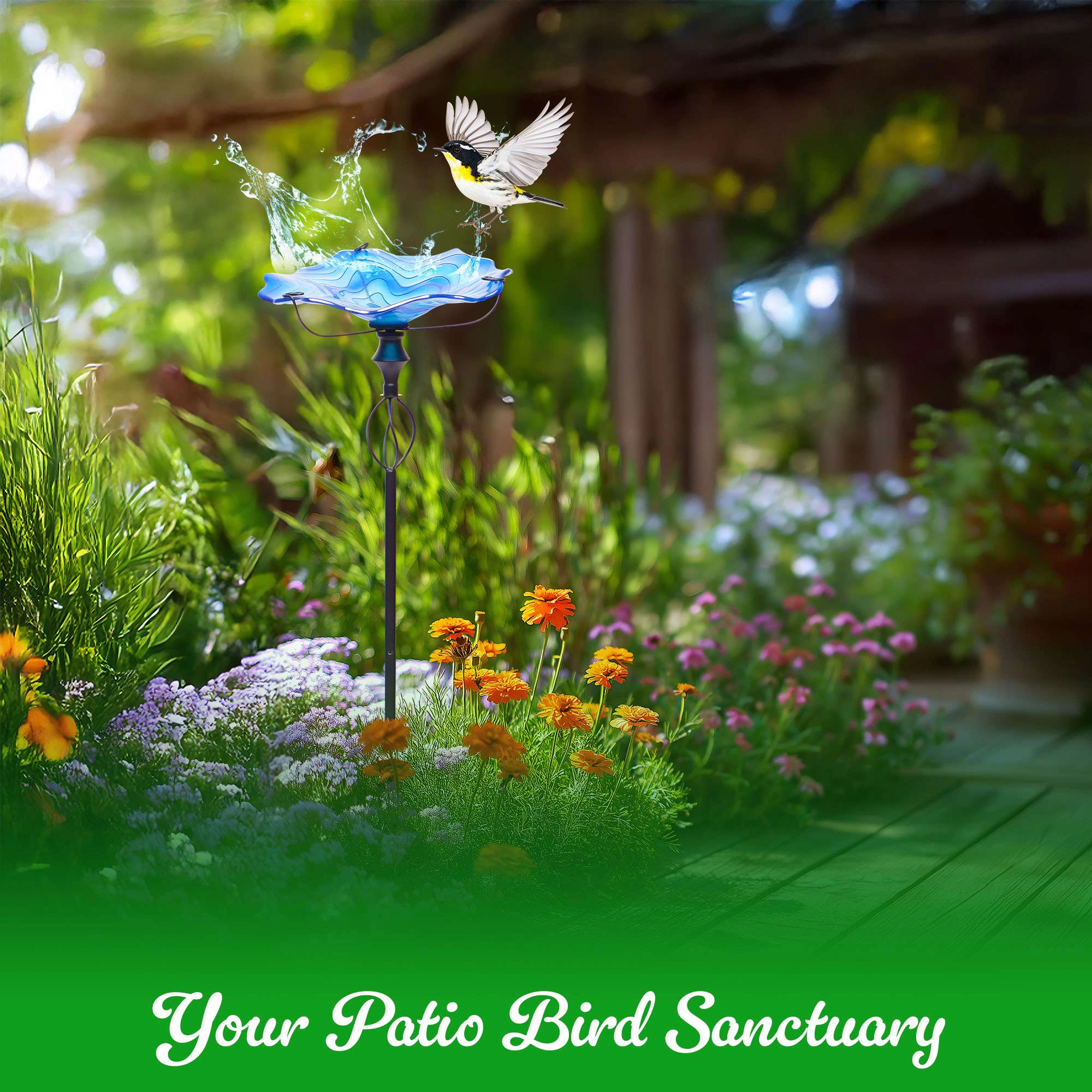 G128 32-Inch Blue Glass Bird Bath with Four-Pronged Metal Stake, Decorative Outdoor Feeder